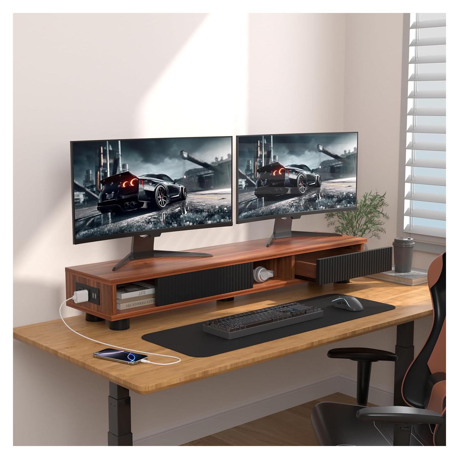 Soporte Doble Monitor Artswish Madera 108 cm con Toma Corriente