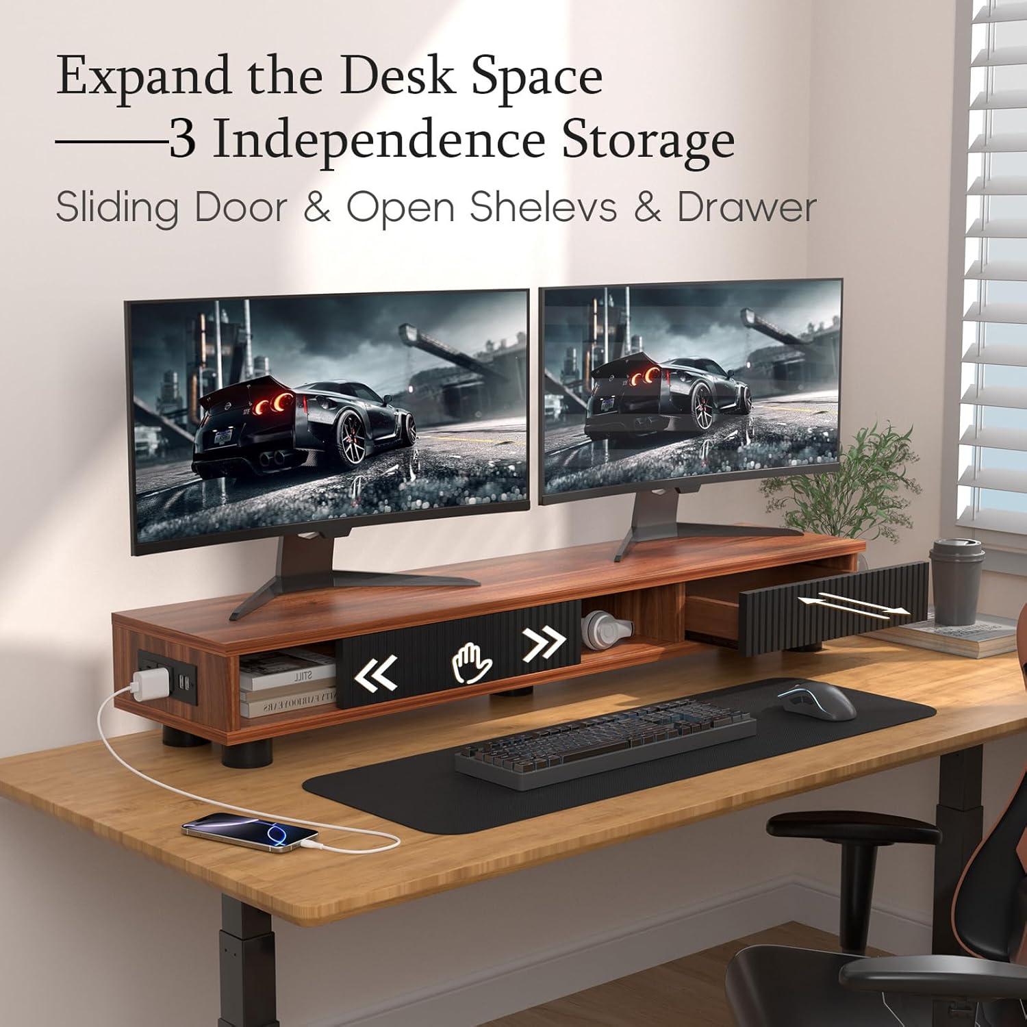 Soporte Doble Monitor Artswish Madera 108 cm con Toma Corriente