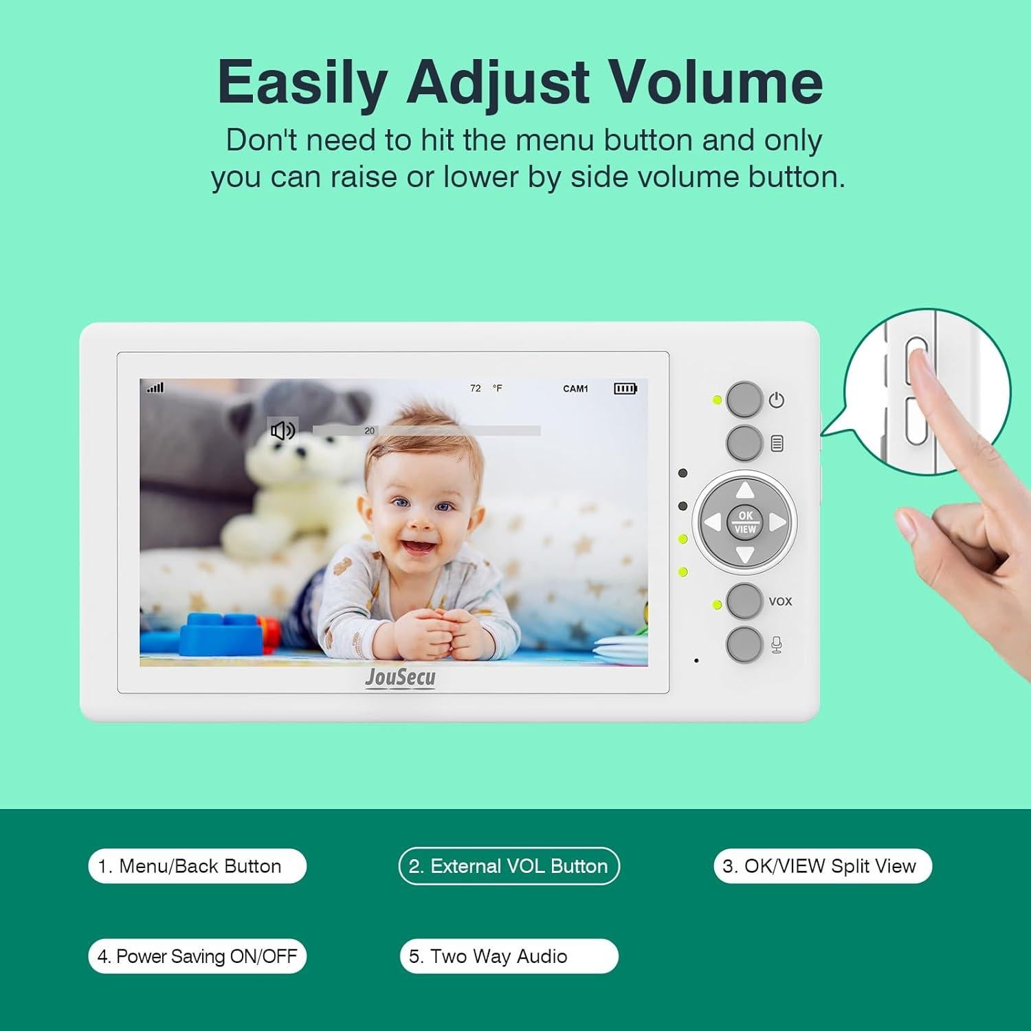 Monitor de Bebés JouSecu 5" con Cámara y Audio, 30h Batería
