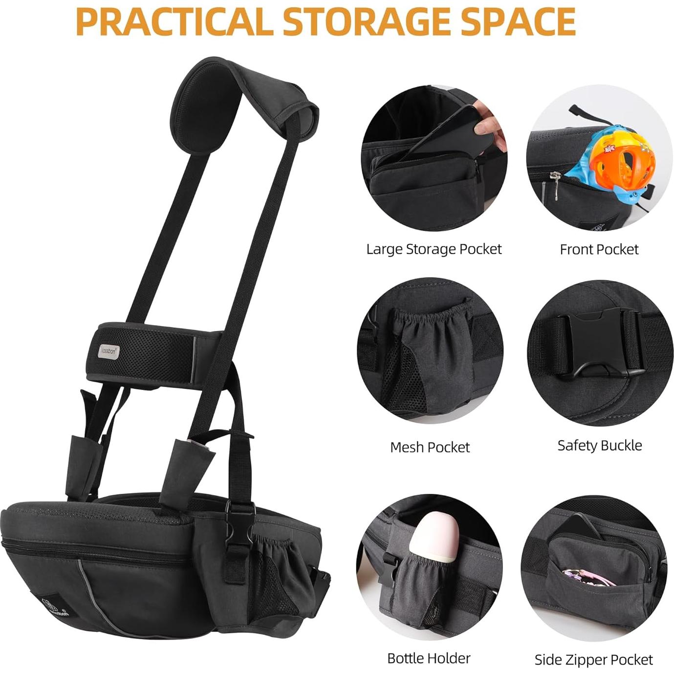 Portabebés Ergonómico de Cadera Negro para Bebés hasta 17.24 kg