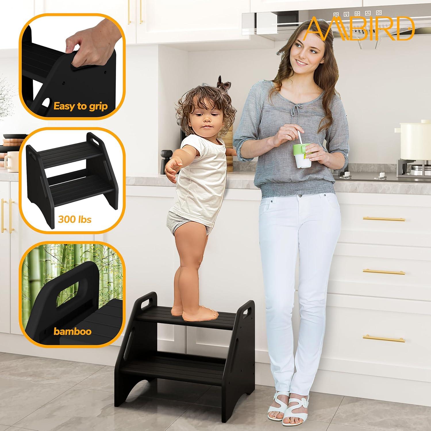 Escalera de Bambú AMBIRD 2 Pasos 136 kg Antideslizante Negro
