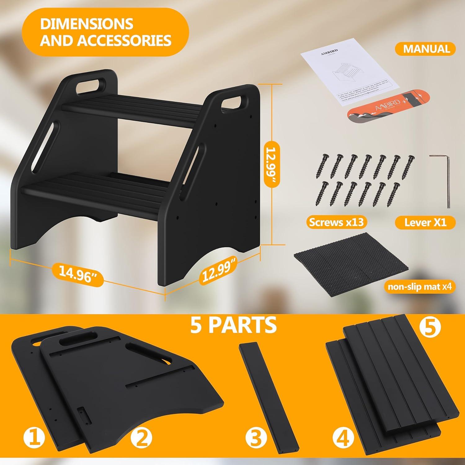 Escalera de Bambú AMBIRD 2 Pasos 136 kg Antideslizante Negro