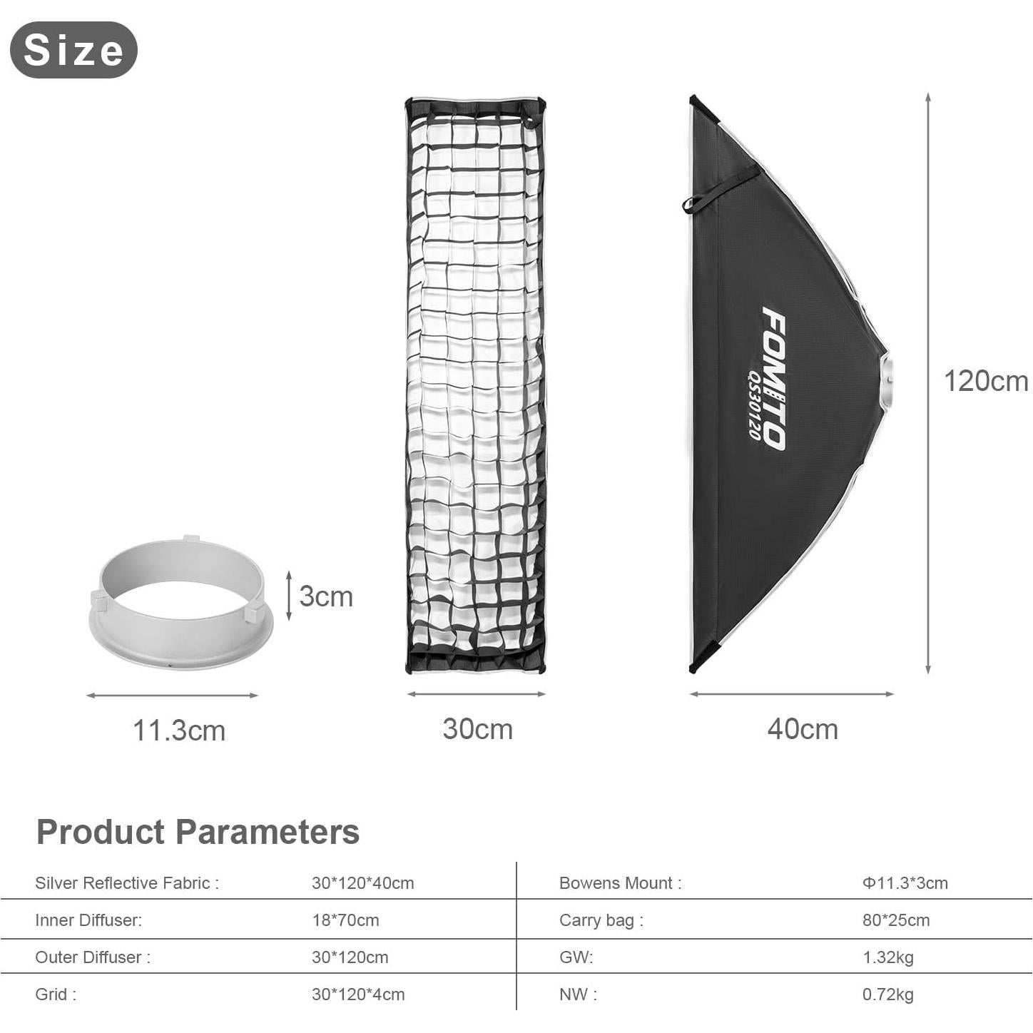 Caja de Luz FOMITO 30x120cm con Montura Bowens y Rejilla