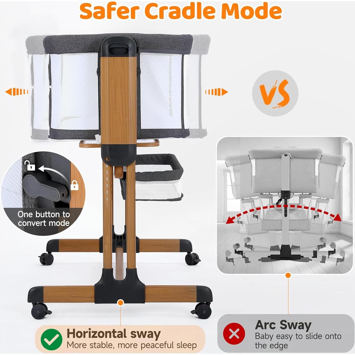 Cuna Mecedora 3-en-1 Ezebaby Gris Oscuro con Ruedas
