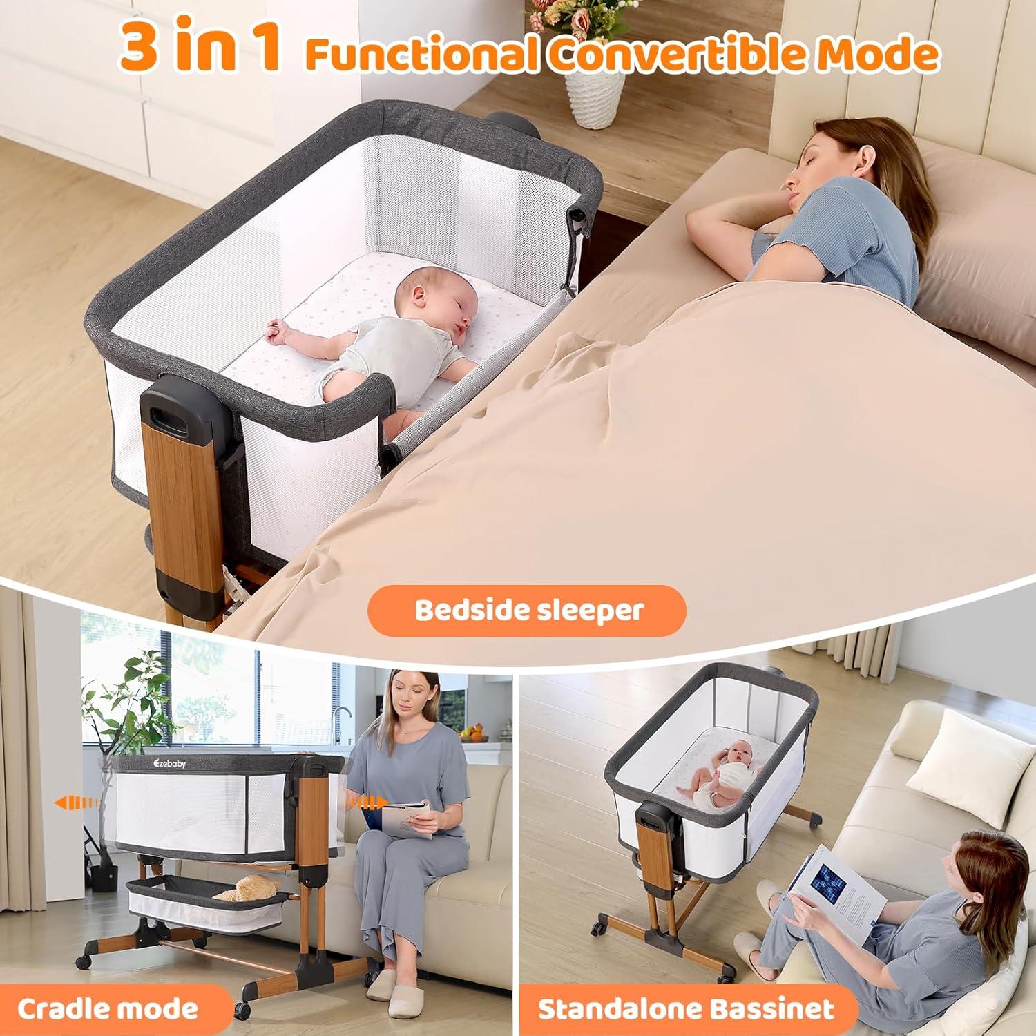 Cuna Mecedora 3-en-1 Ezebaby Gris Oscuro con Ruedas