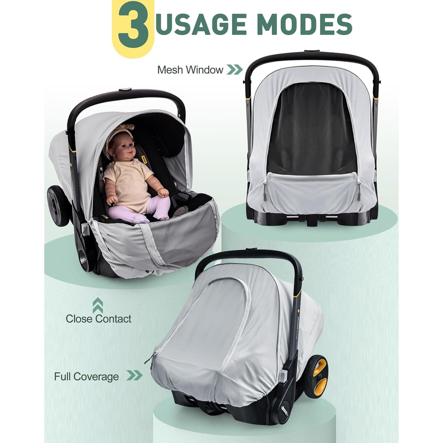 Summer Baby Car Seat Cover Compatible with Doona Car Seat and Stroller,Breathable Sunproof Car Seat Canopy for Boys & Girls,Suitable for Spring/Summer/Autumn Use (Gray)