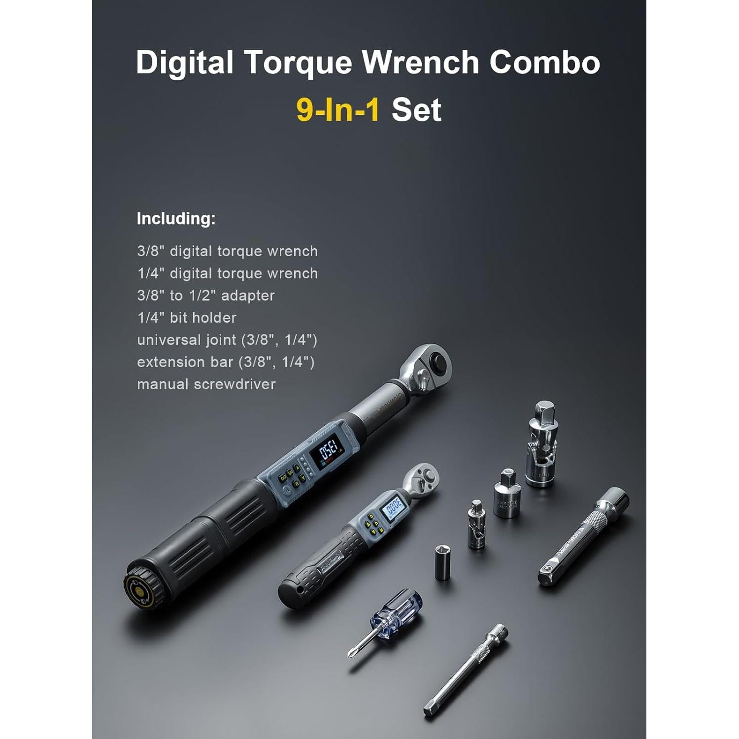 Juego de Llave de Torque Digital GROWNEER 1/4" y 3/8" 1.5-135Nm