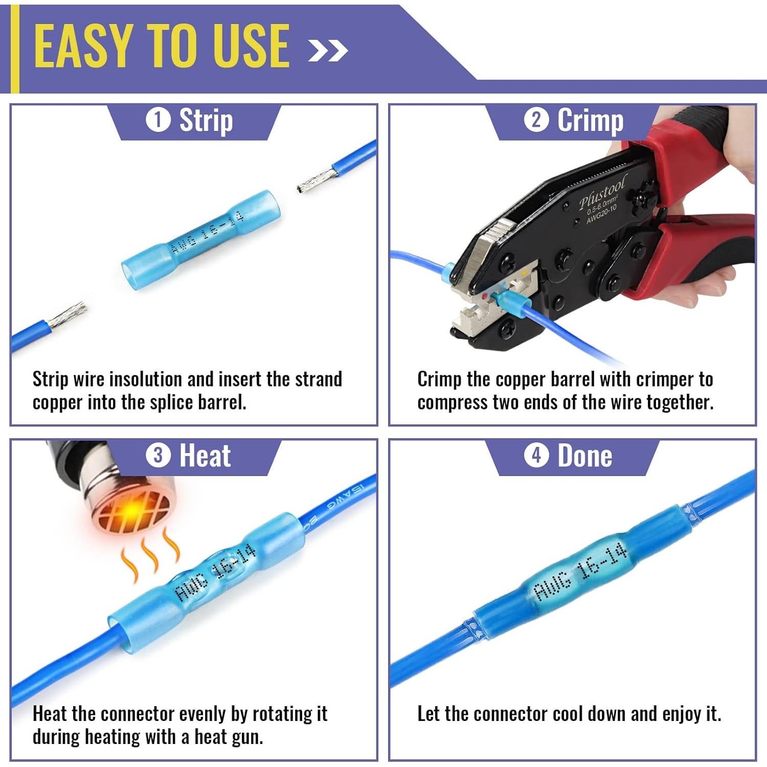 800 Conectores Termocontraíbles Plustool AWG16-14 Azules
