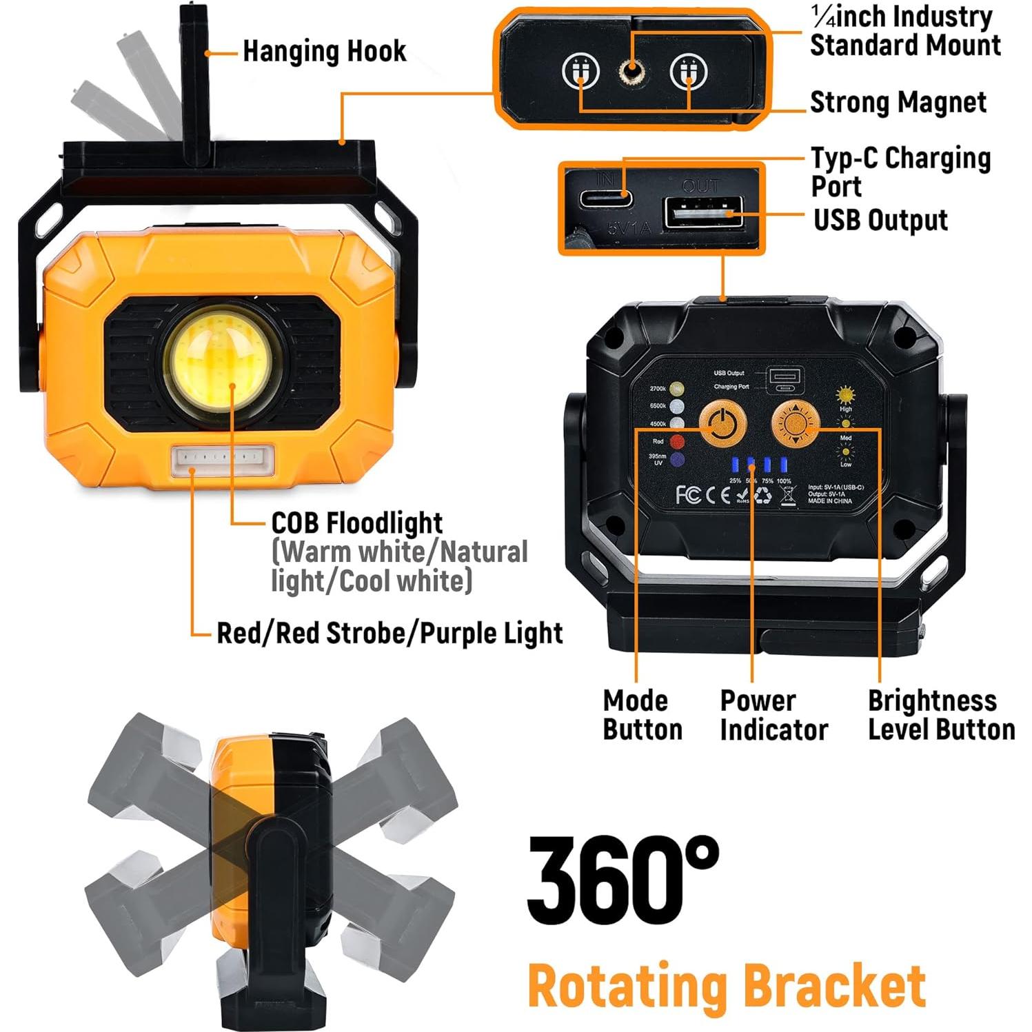 Luz de Trabajo Magnética Recargable Adelante 1500LM 12 Modos