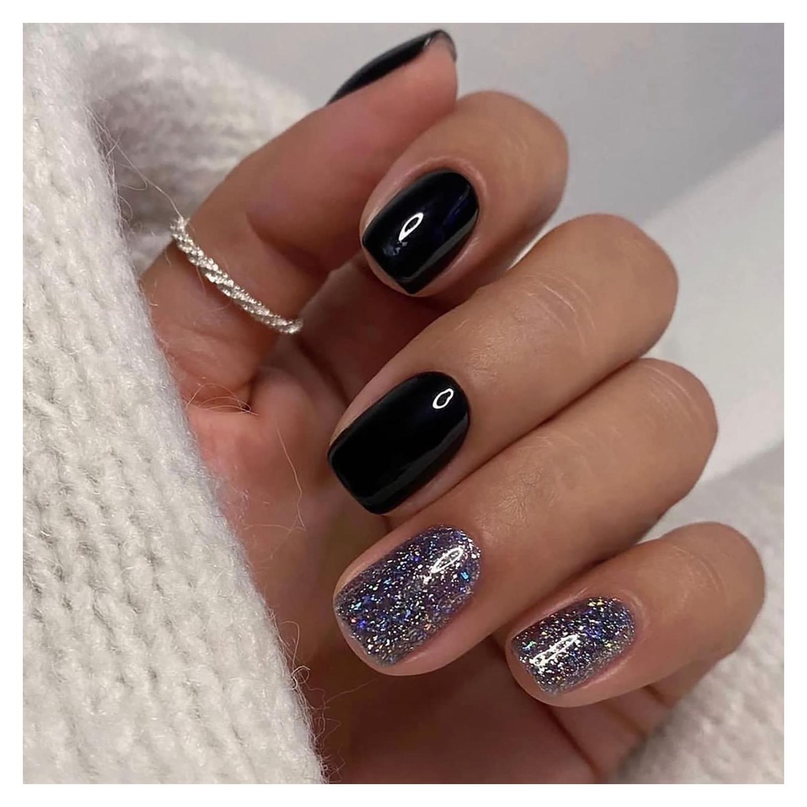 24 Uñas Postizas Negras Acrílicas Brillantes RIIICFDD