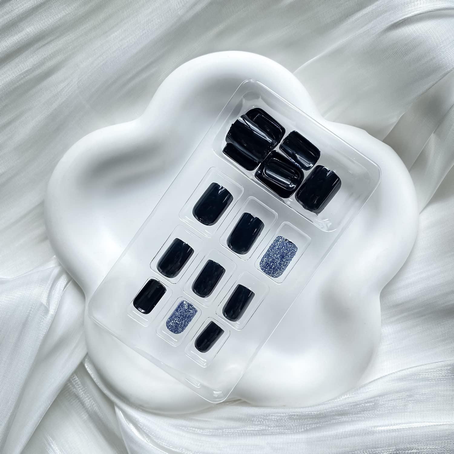 24 Uñas Postizas Negras Acrílicas Brillantes RIIICFDD