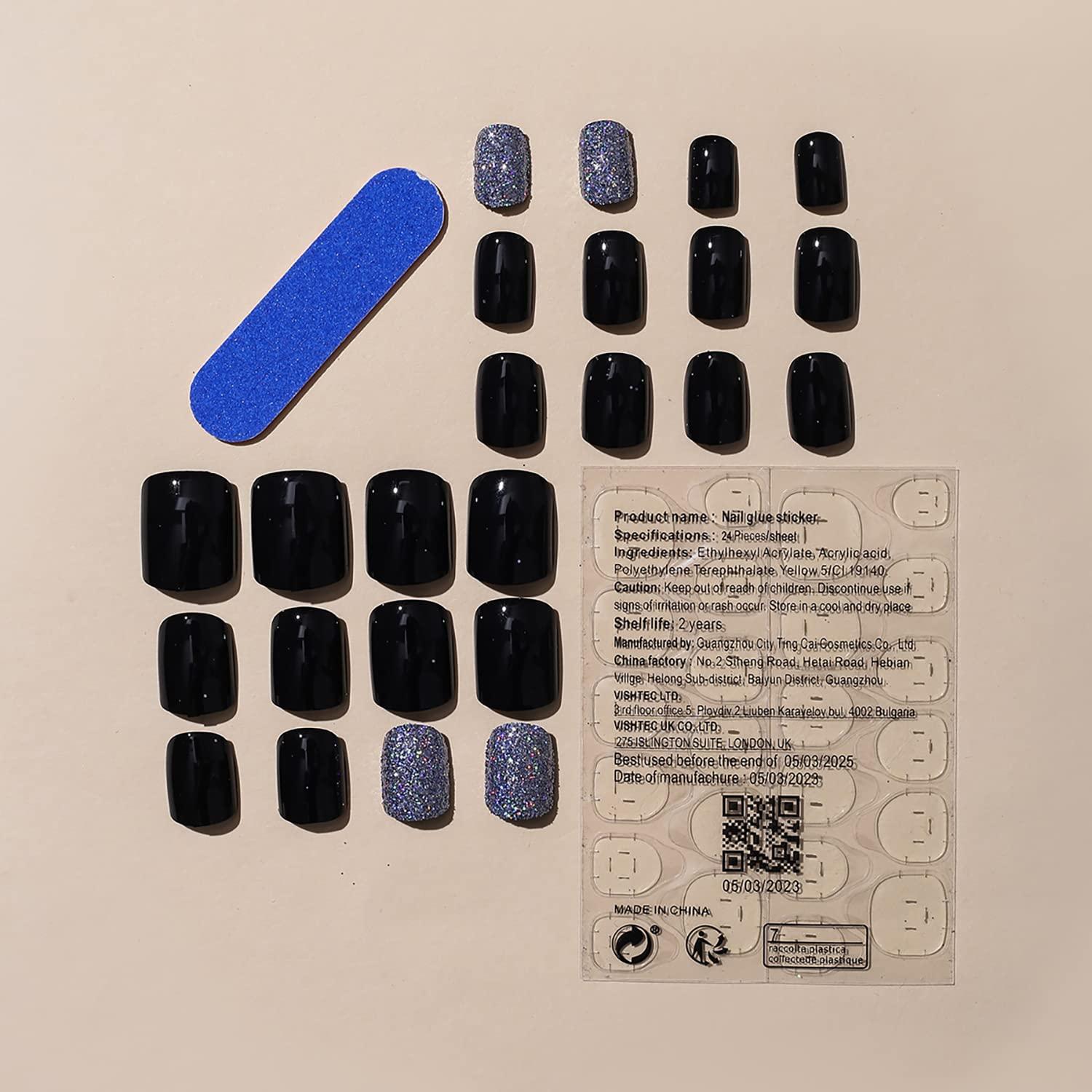 24 Uñas Postizas Negras Acrílicas Brillantes RIIICFDD