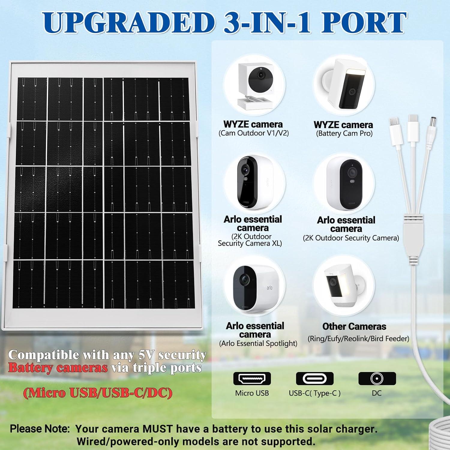 Panel Solar 8W BECOMFY para Cámaras Wyze y Arlo, IP65