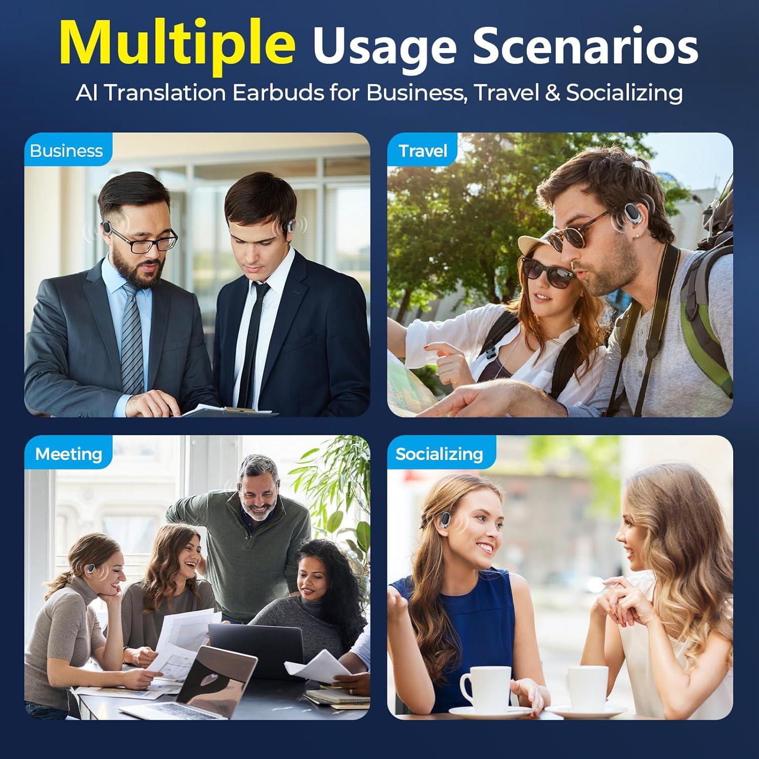 AI Translation Earbuds Real Time, 144-Language Translator Earbuds for Android/iPhone with APP, 5-in-1 Translation Music Calls Transcription AI Assistant Translation Earbuds Travel Business (Black)