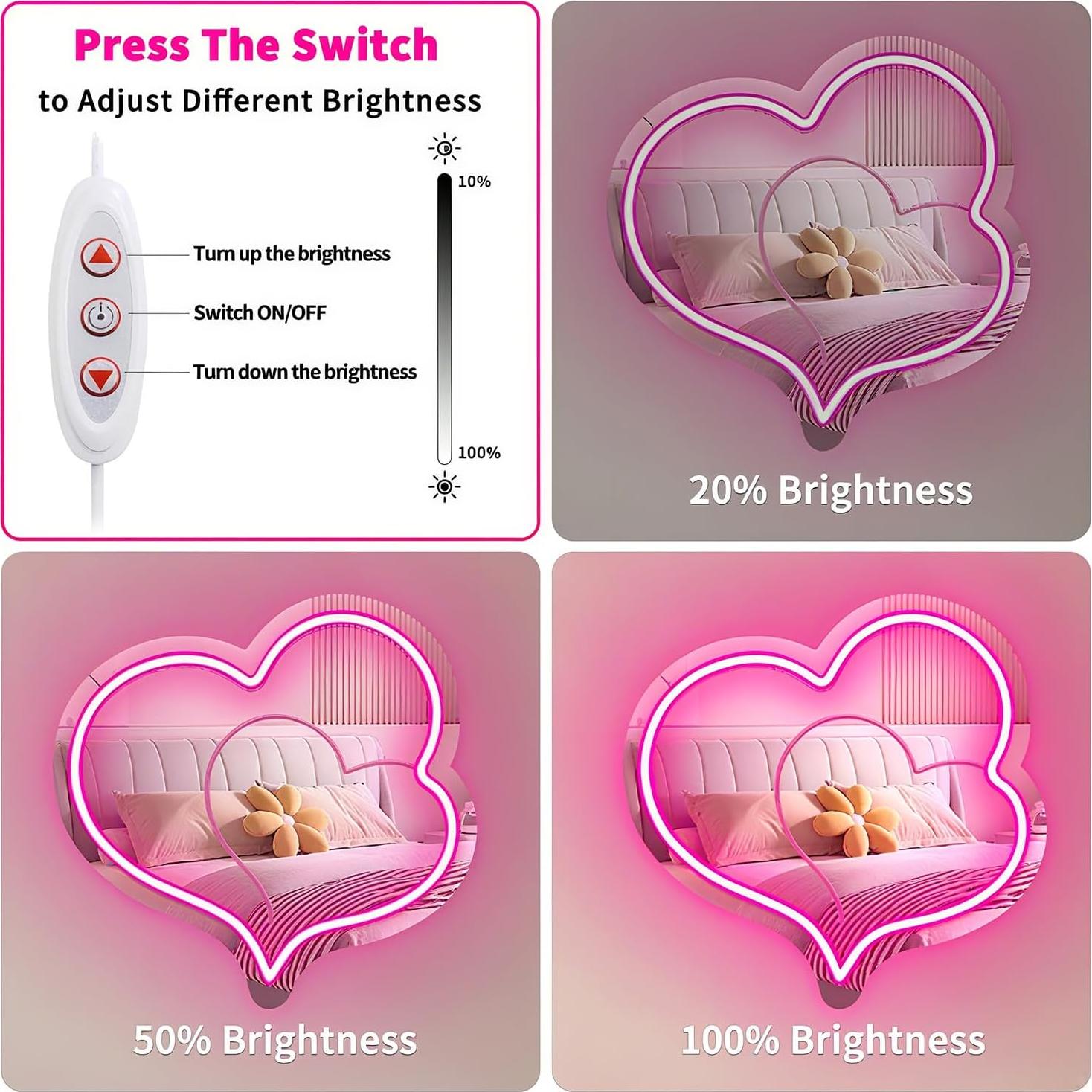 Espejo Acrílico Rosa con Neón LED Regulable 30x29.4cm