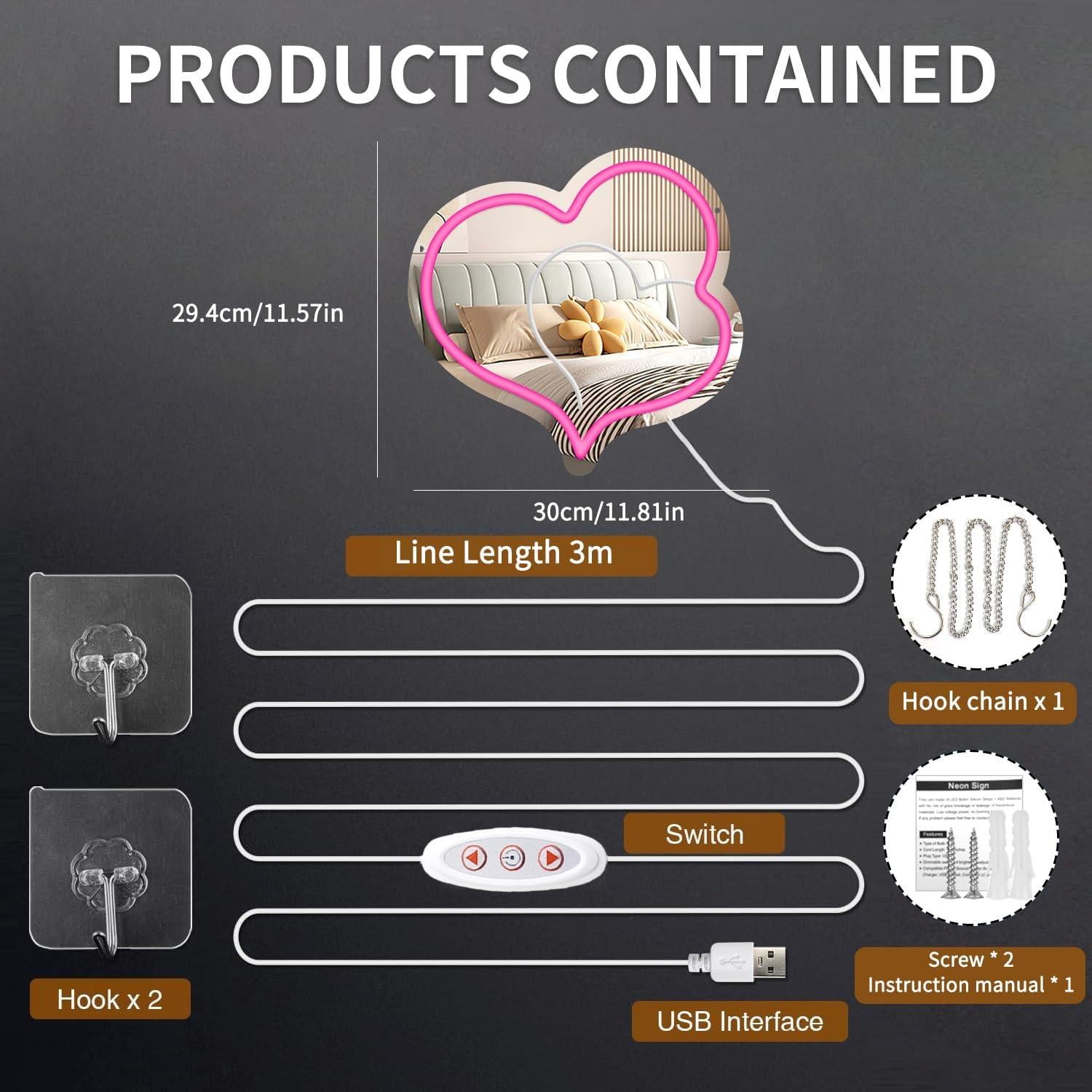 Espejo Acrílico Rosa con Neón LED Regulable 30x29.4cm