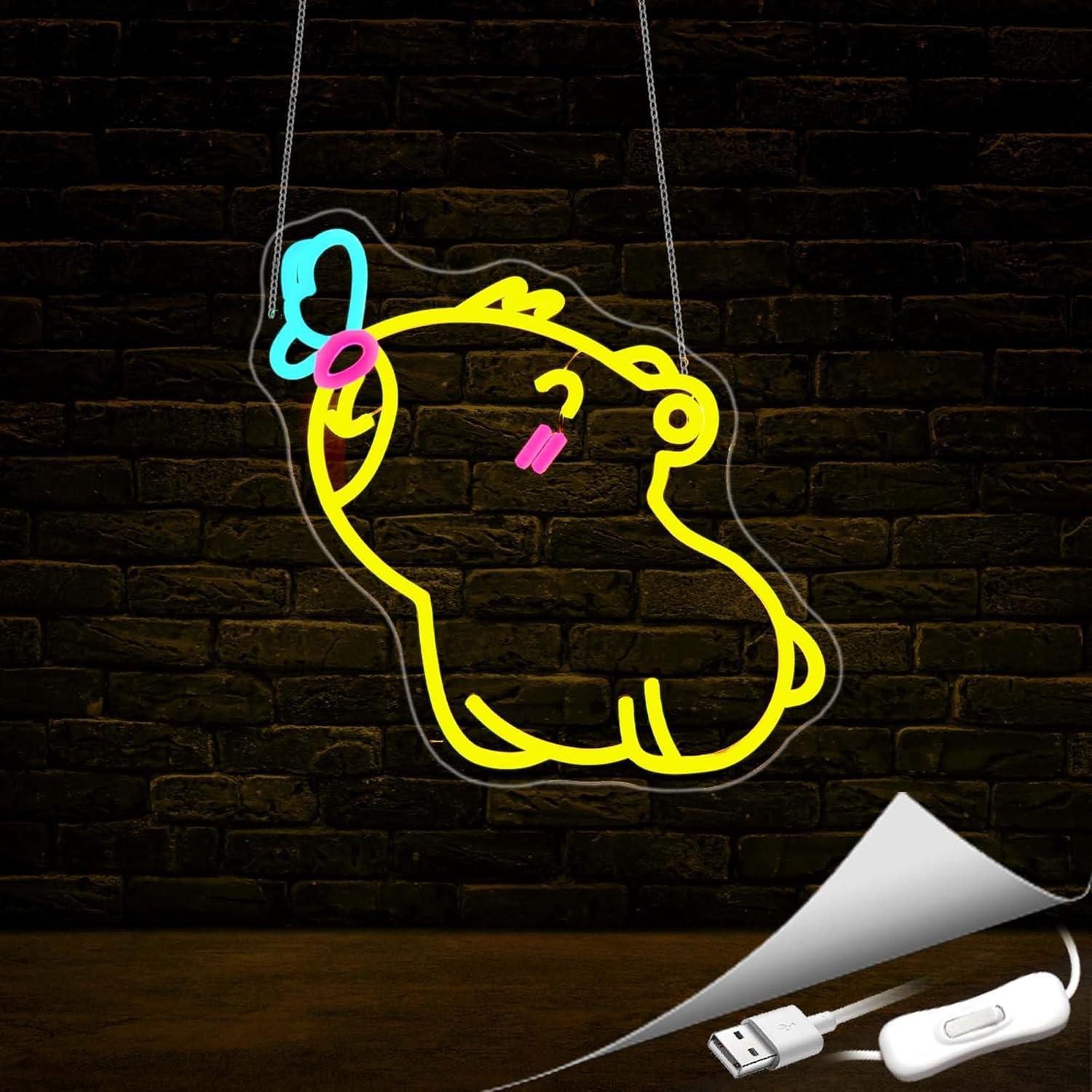 Cartel de Neón Capibara LED Amarillo para Decoración