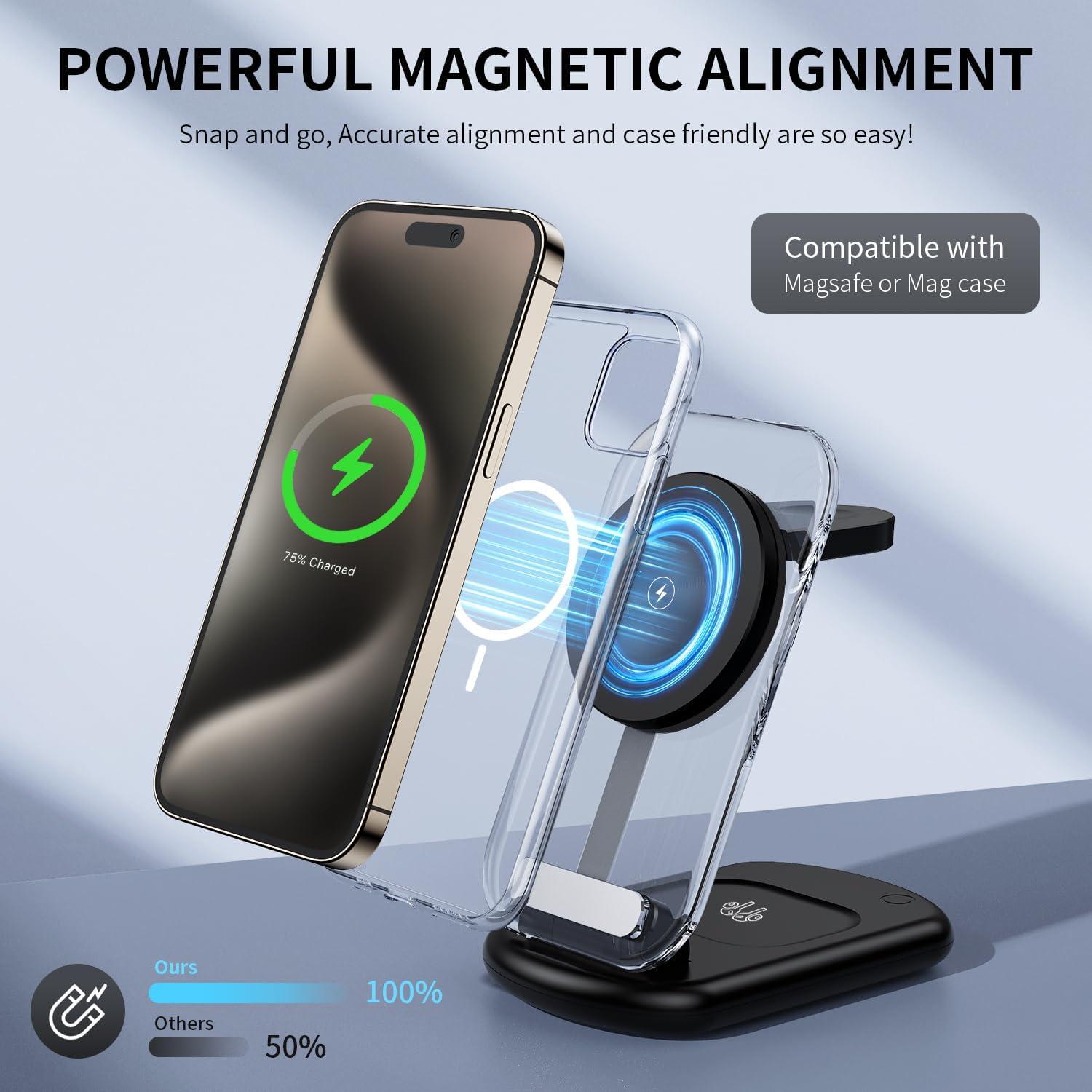 Cargador Inalámbrico 3 en 1 Mag-Safe Negro para iPhone 16/15/14