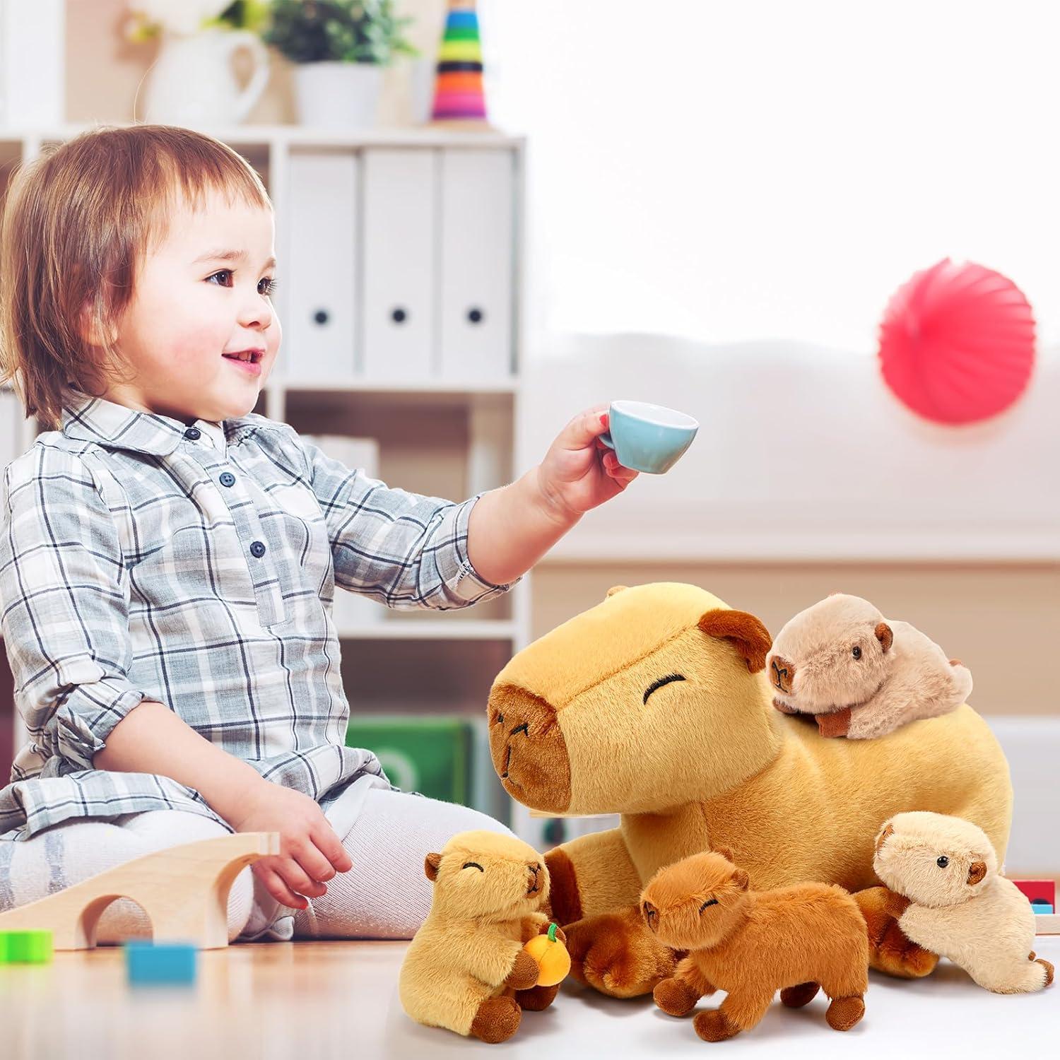 Set de 5 Peluches Capibara PullCrease 40 cm Mamá y 4 Bebés