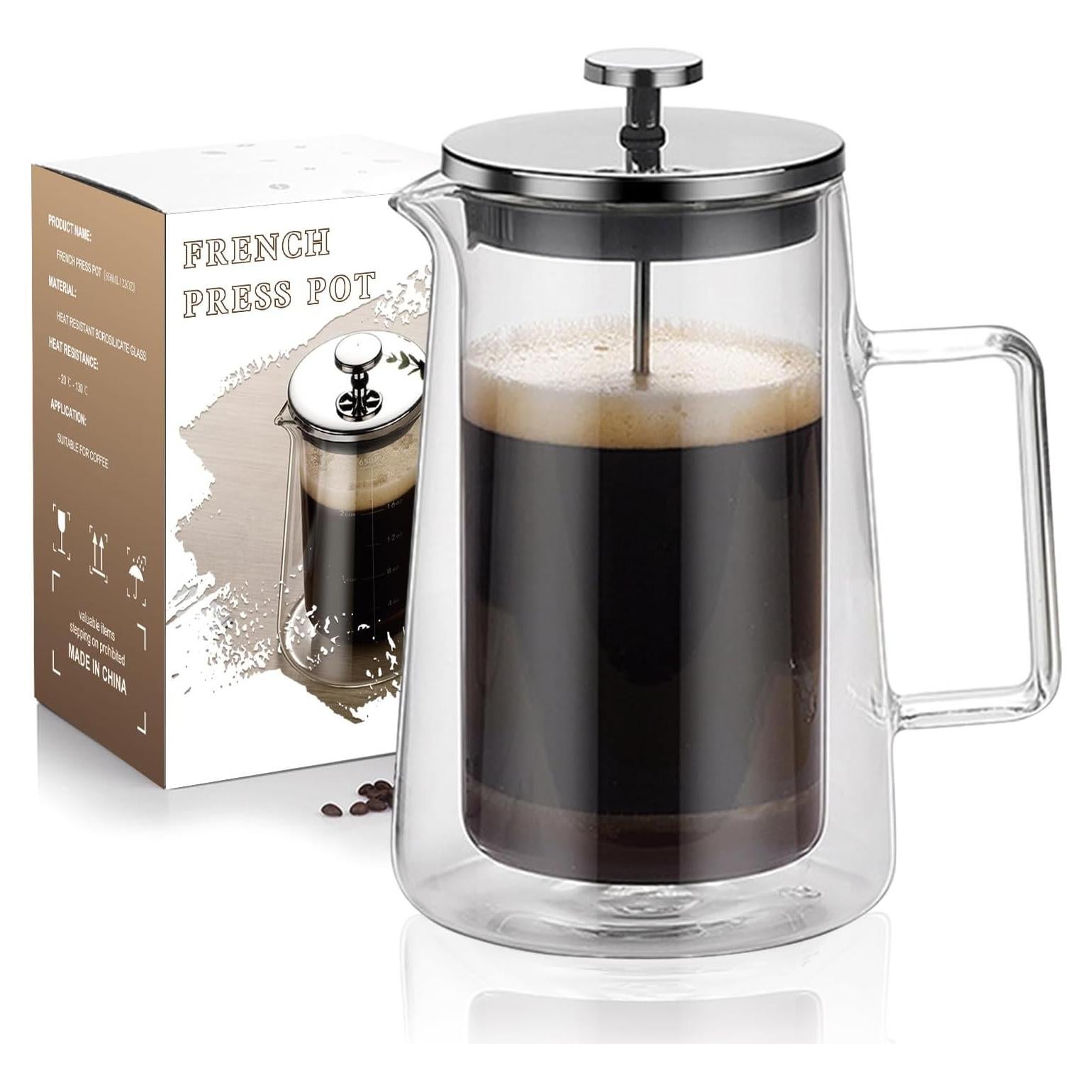Cafetera Prensa Francesa HOOVIEN 650ml Vidrio Doble Pared