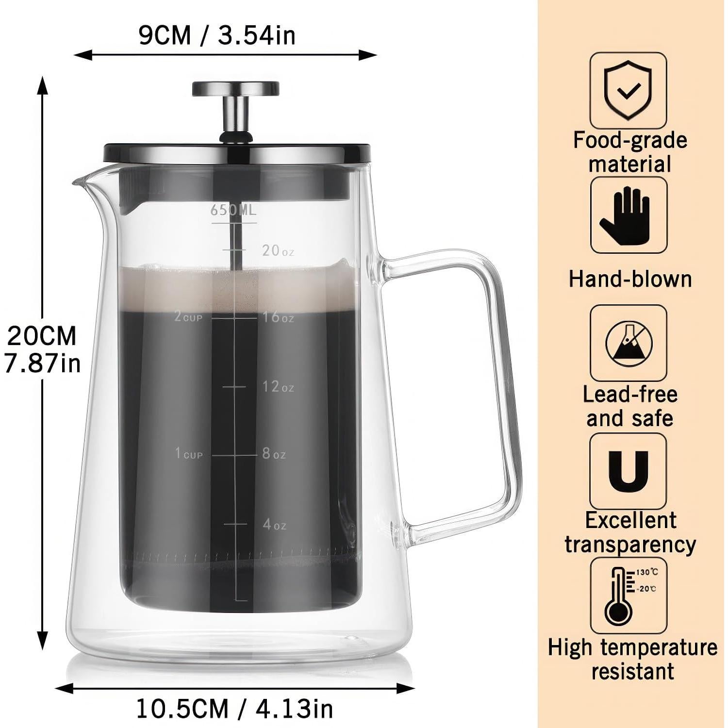 Cafetera Prensa Francesa HOOVIEN 650ml Vidrio Doble Pared