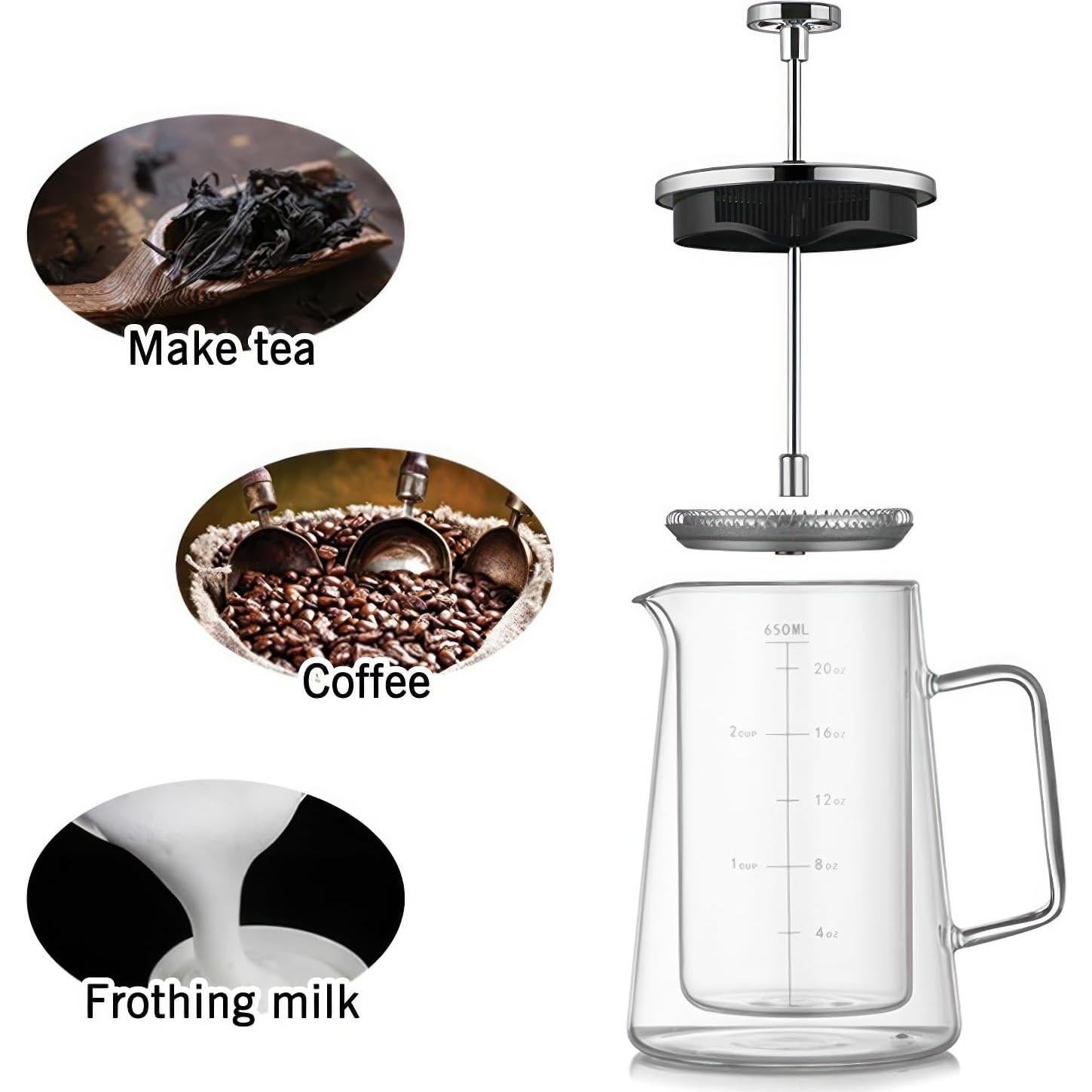 Cafetera Prensa Francesa HOOVIEN 650ml Vidrio Doble Pared