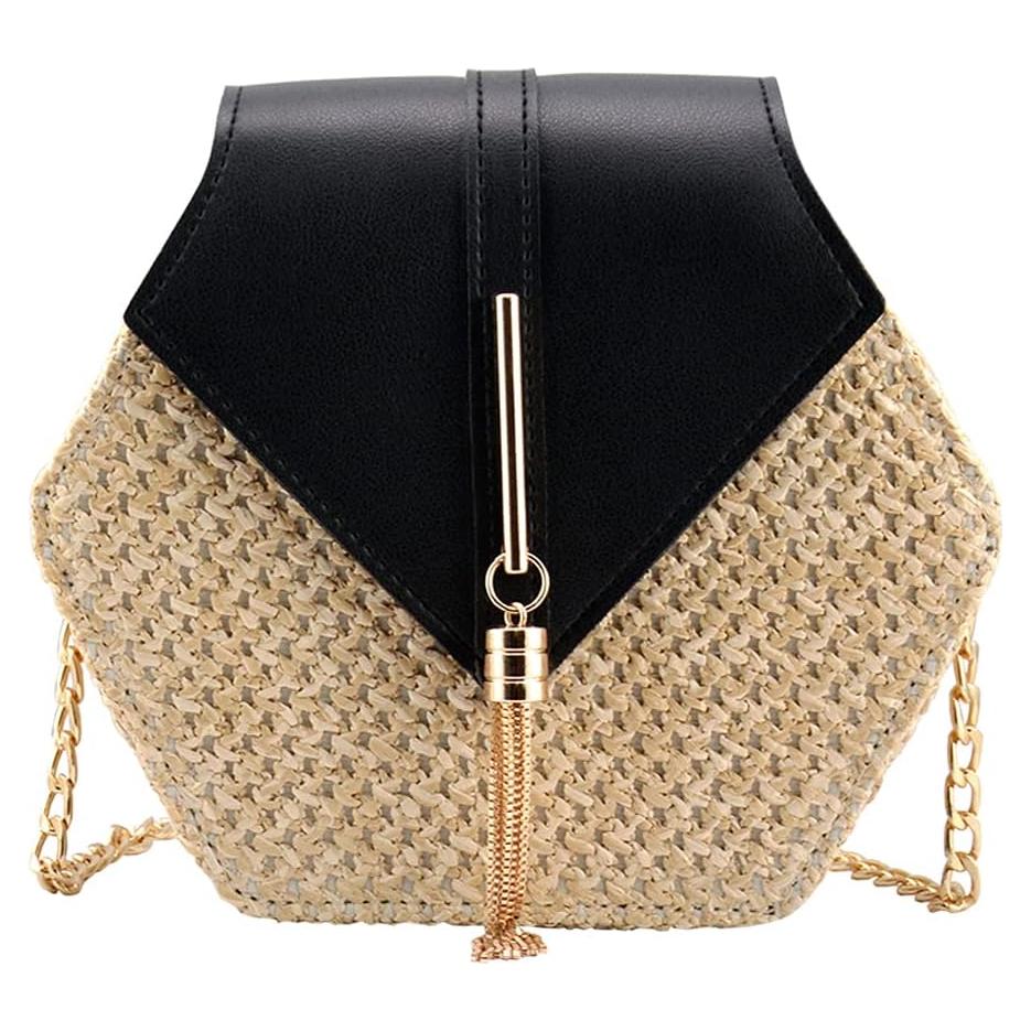 Bolso Cruzado de Paja Natural Bausweety Negro 20x19cm