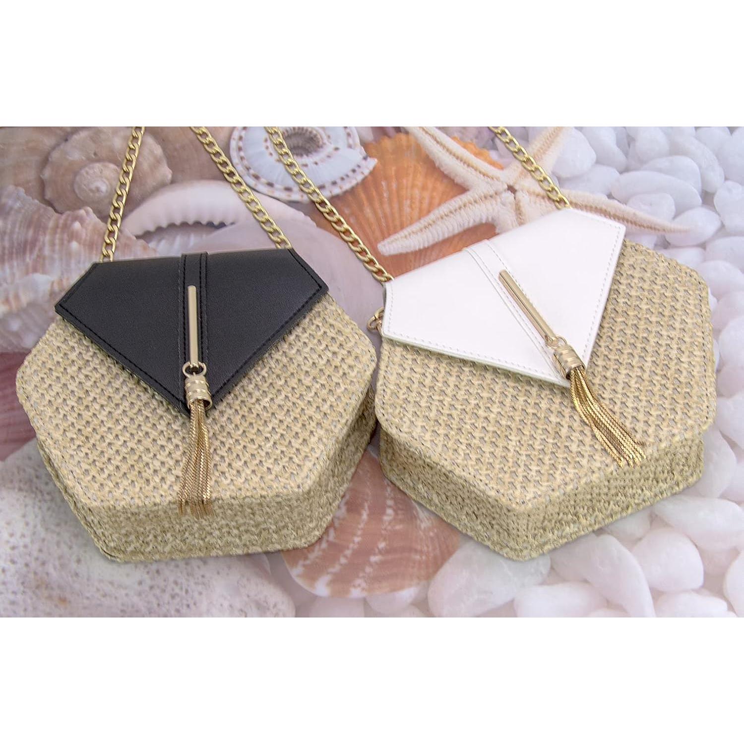 Bolso Cruzado de Paja Natural Bausweety Negro 20x19cm