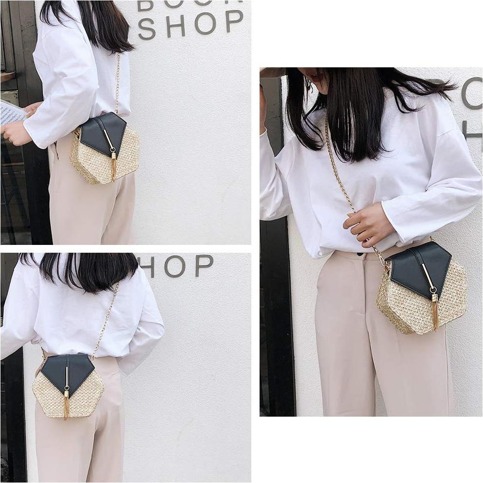 Bolso Cruzado de Paja Natural Bausweety Negro 20x19cm