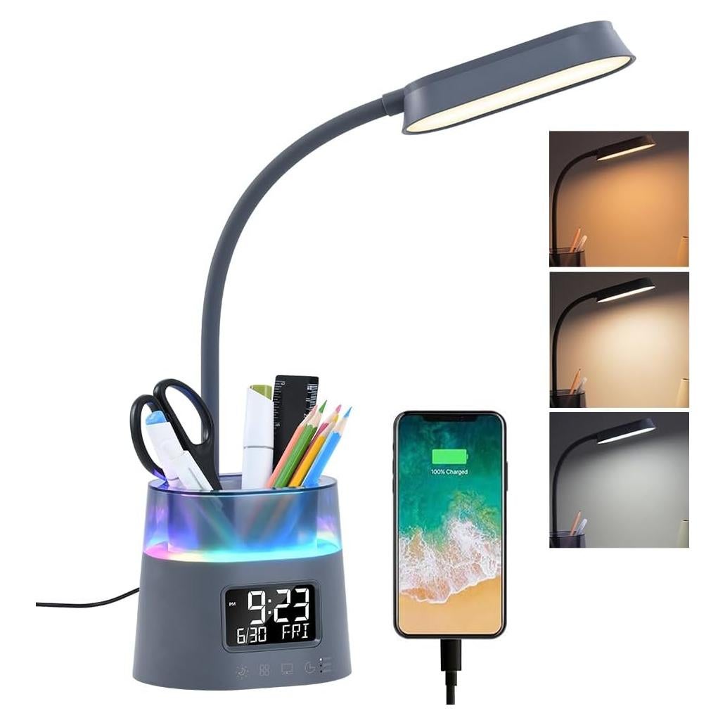 Lámpara de Escritorio LED WILIT Gris con Carga USB y Reloj