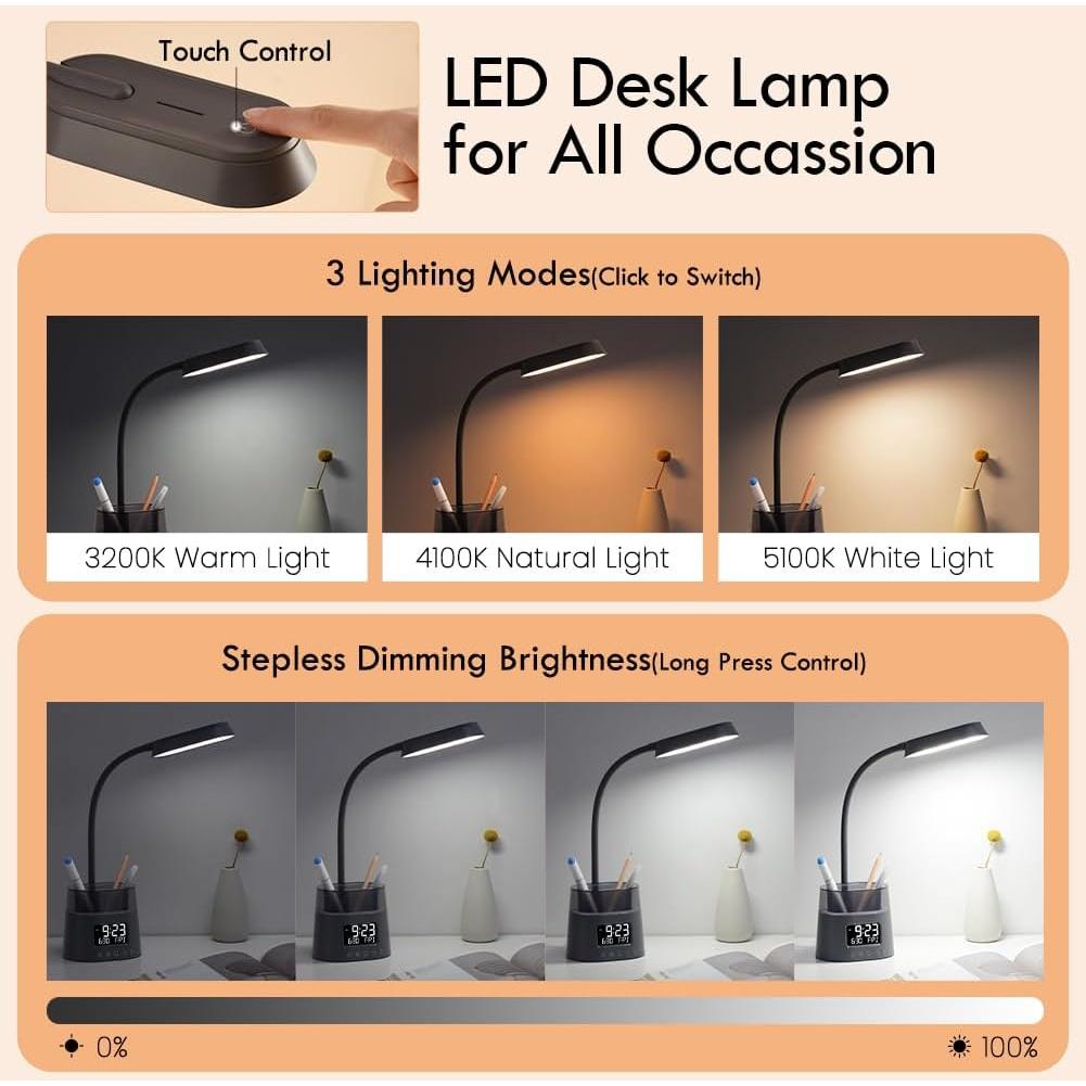 Lámpara de Escritorio LED WILIT Gris con Carga USB y Reloj