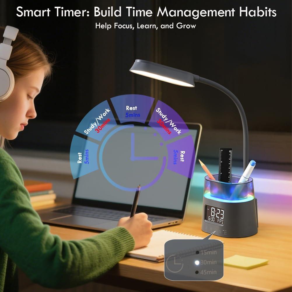 Lámpara de Escritorio LED WILIT Gris con Carga USB y Reloj