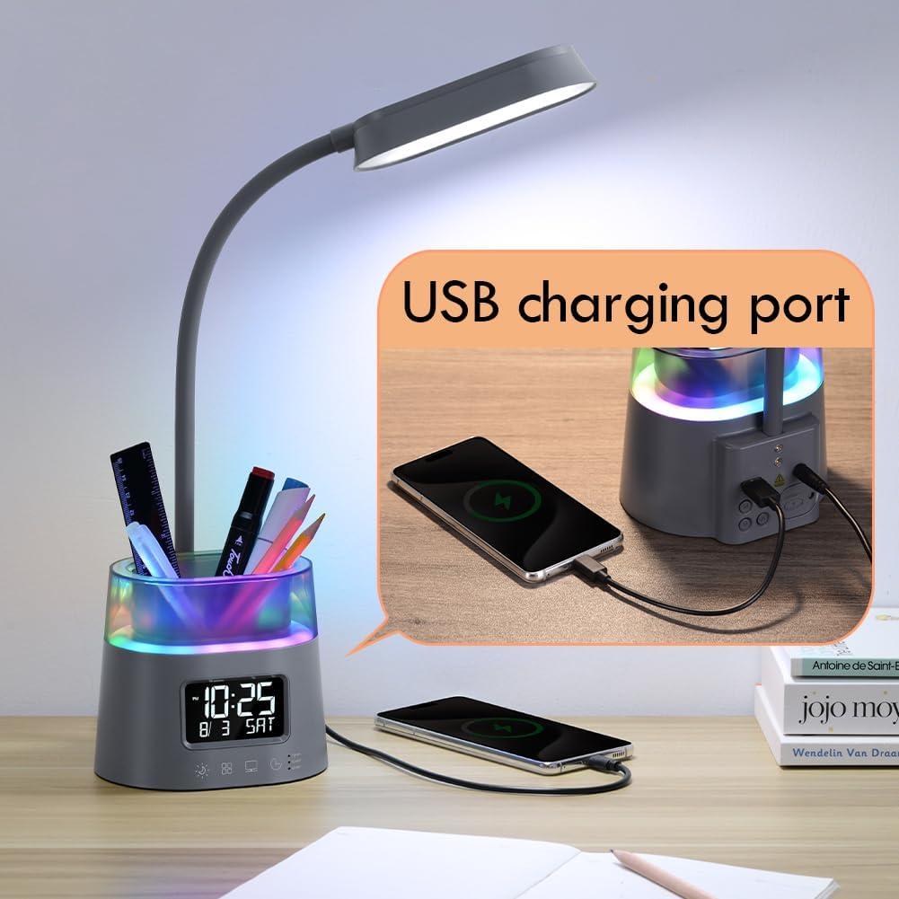 Lámpara de Escritorio LED WILIT Gris con Carga USB y Reloj