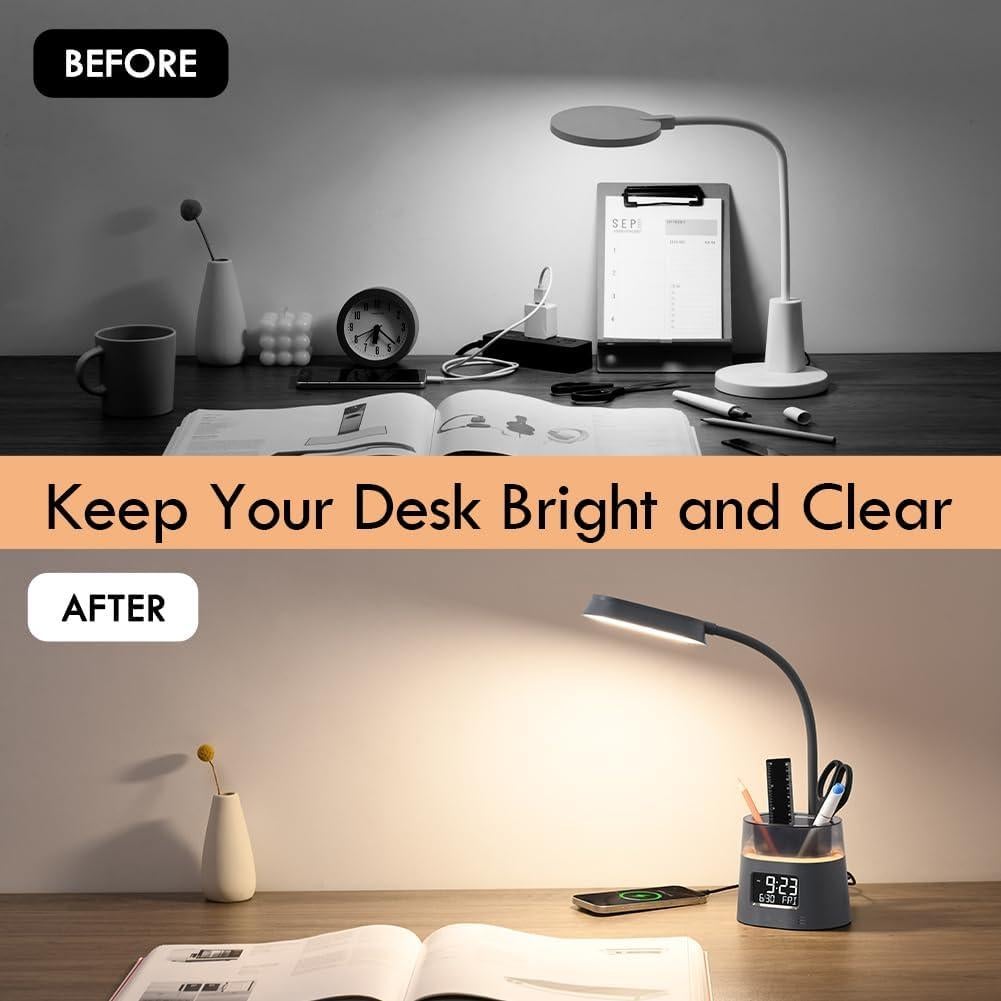 Lámpara de Escritorio LED WILIT Gris con Carga USB y Reloj