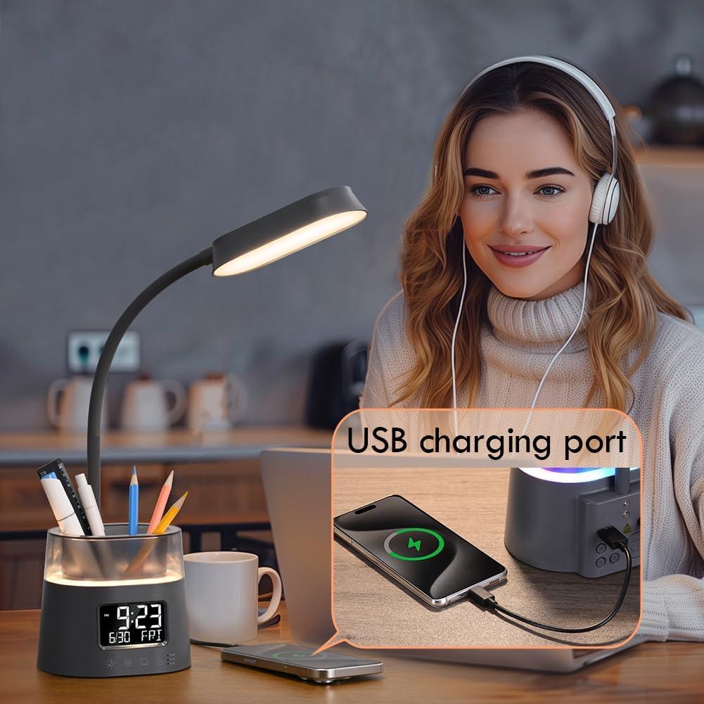 Lámpara de Escritorio LED WILIT Gris con Carga USB y Reloj