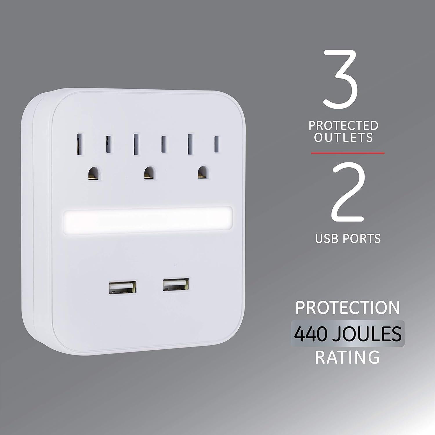 Protector Sobretensiones GE Pro con Luz Nocturna y 2 USB