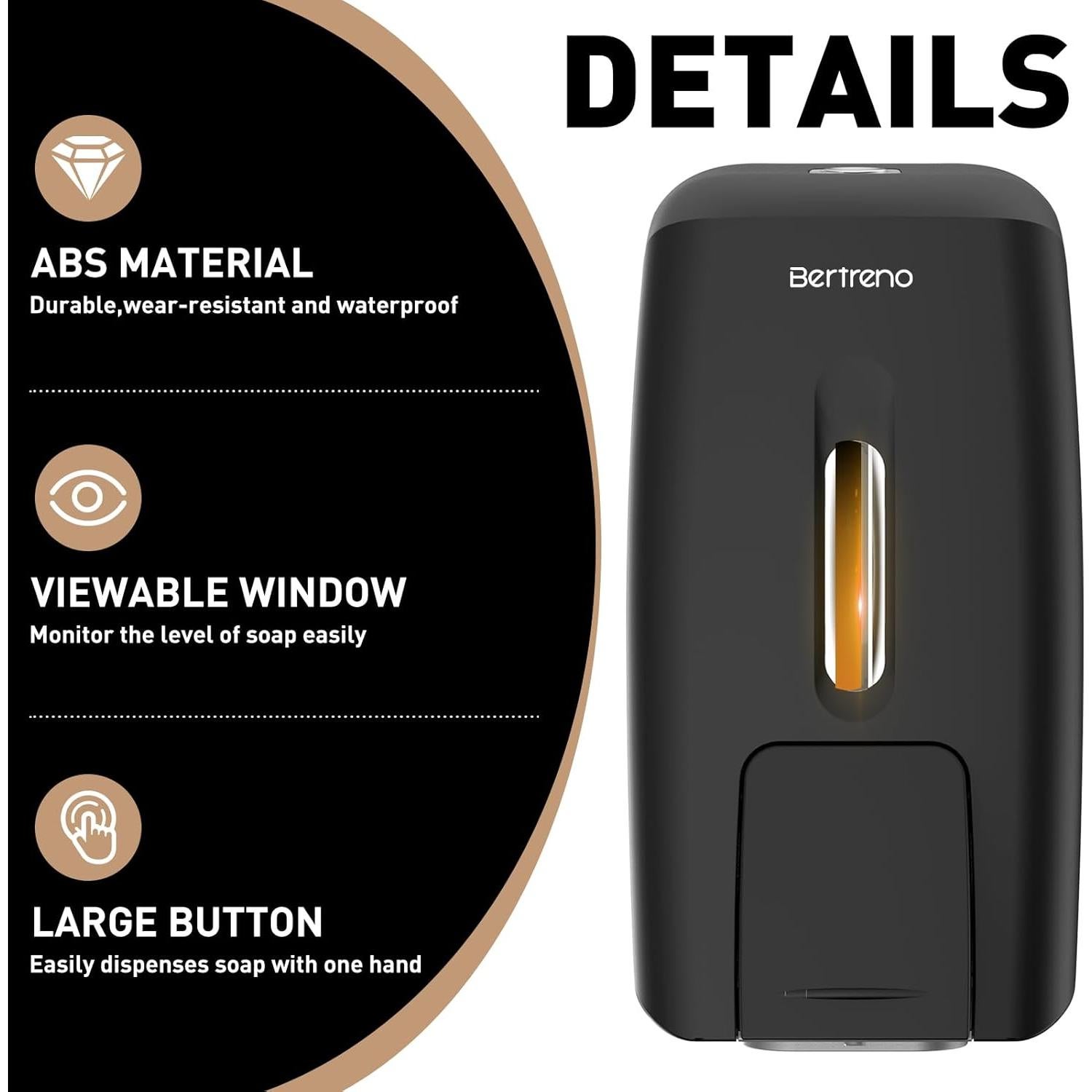 Dispensador de Jabón Manual Bertreno 800ml Montaje en Pared Negro