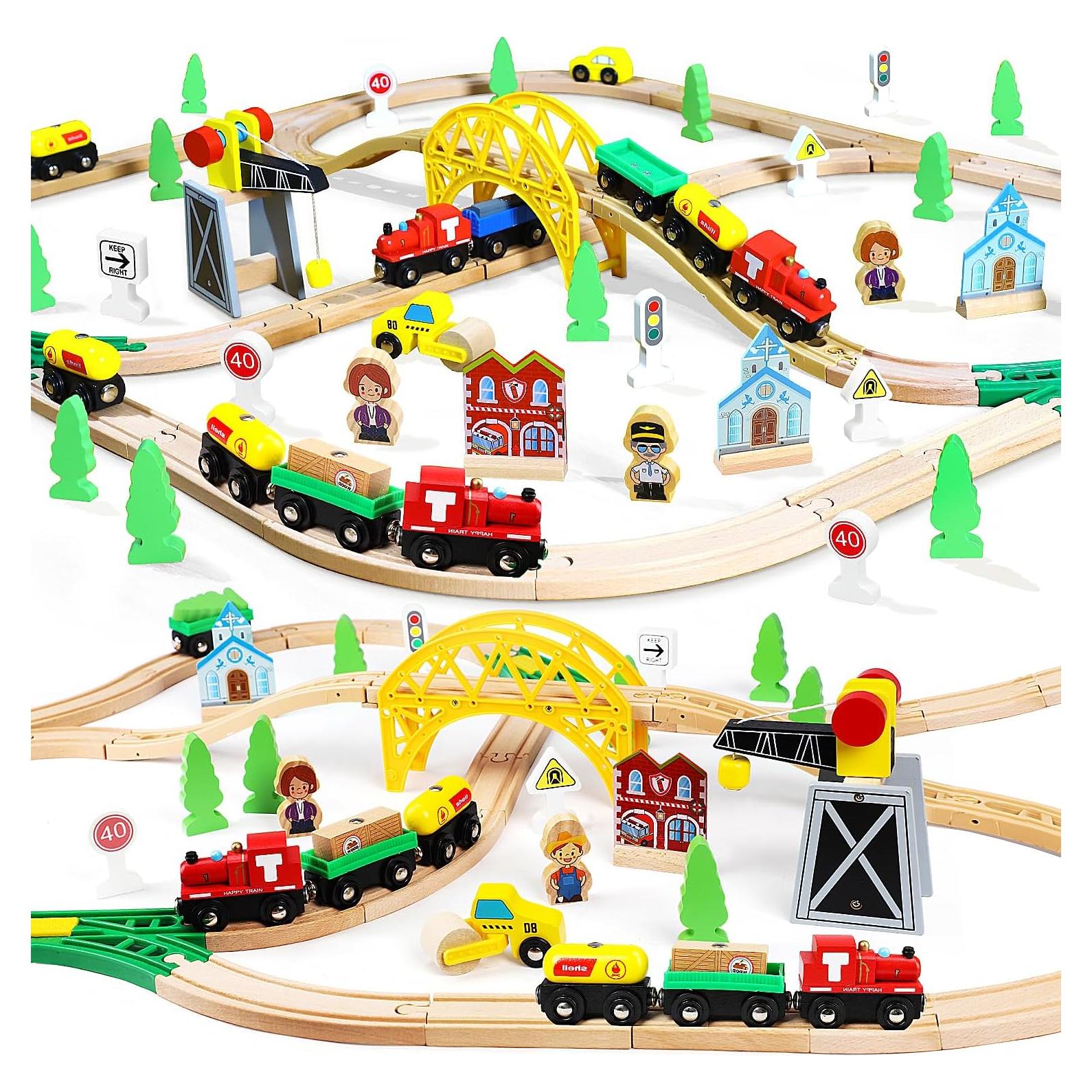 Conjunto de tren de madera TOY Life 60 piezas con grúa