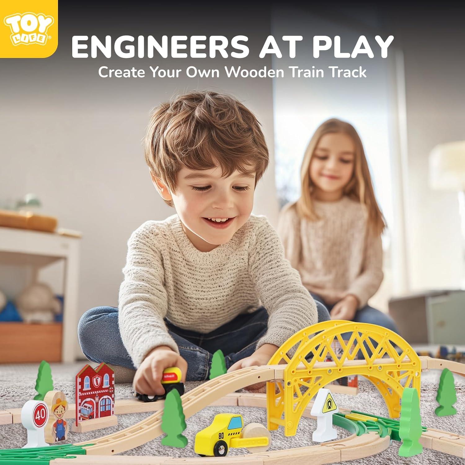 Conjunto de tren de madera TOY Life 60 piezas con grúa