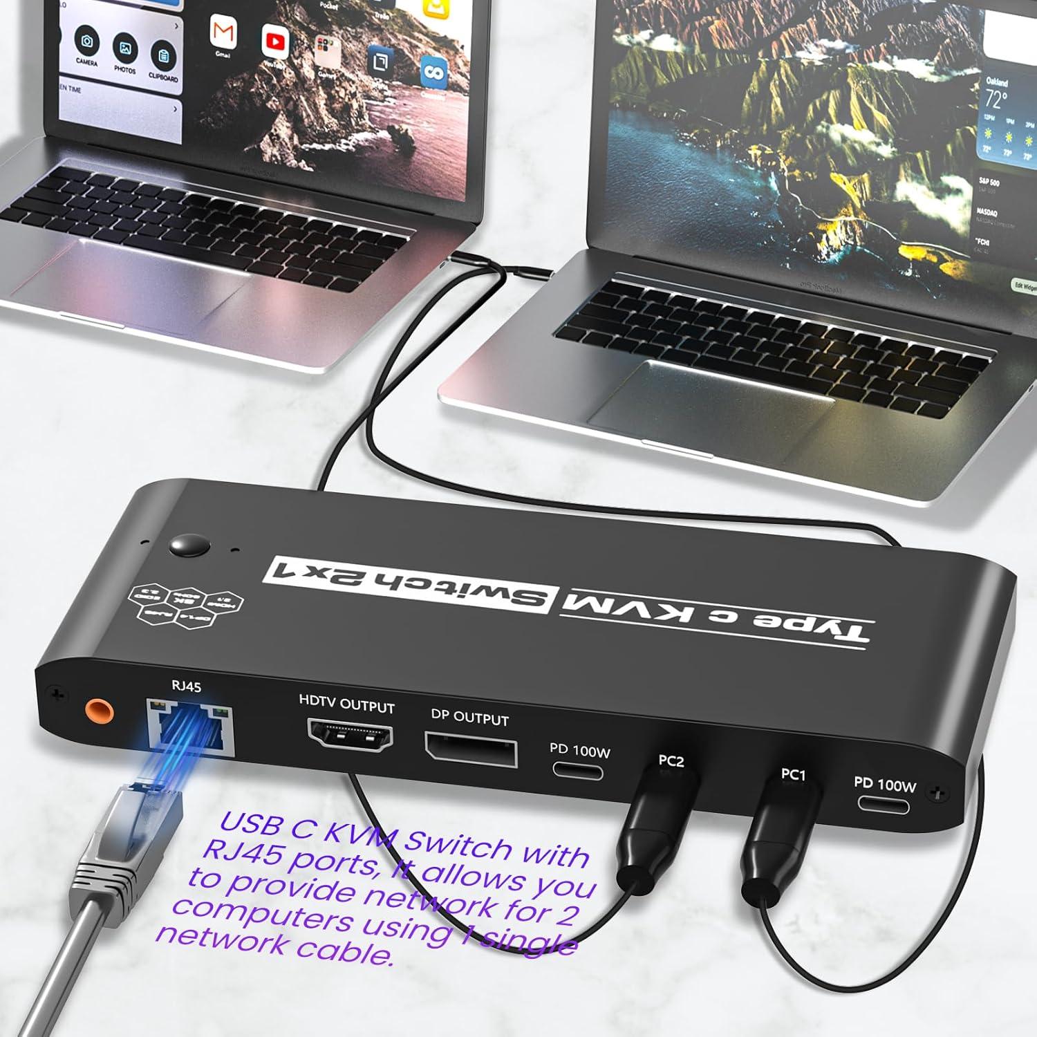 Interruptor KVM 2 Computadoras Ozvavzk 8K@60Hz USB C 7 Puertos