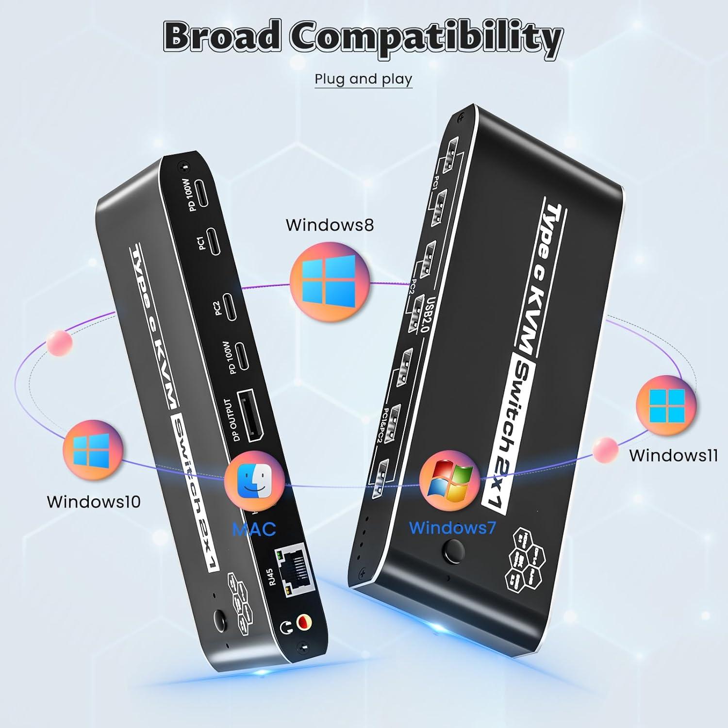Interruptor KVM 2 Computadoras Ozvavzk 8K@60Hz USB C 7 Puertos