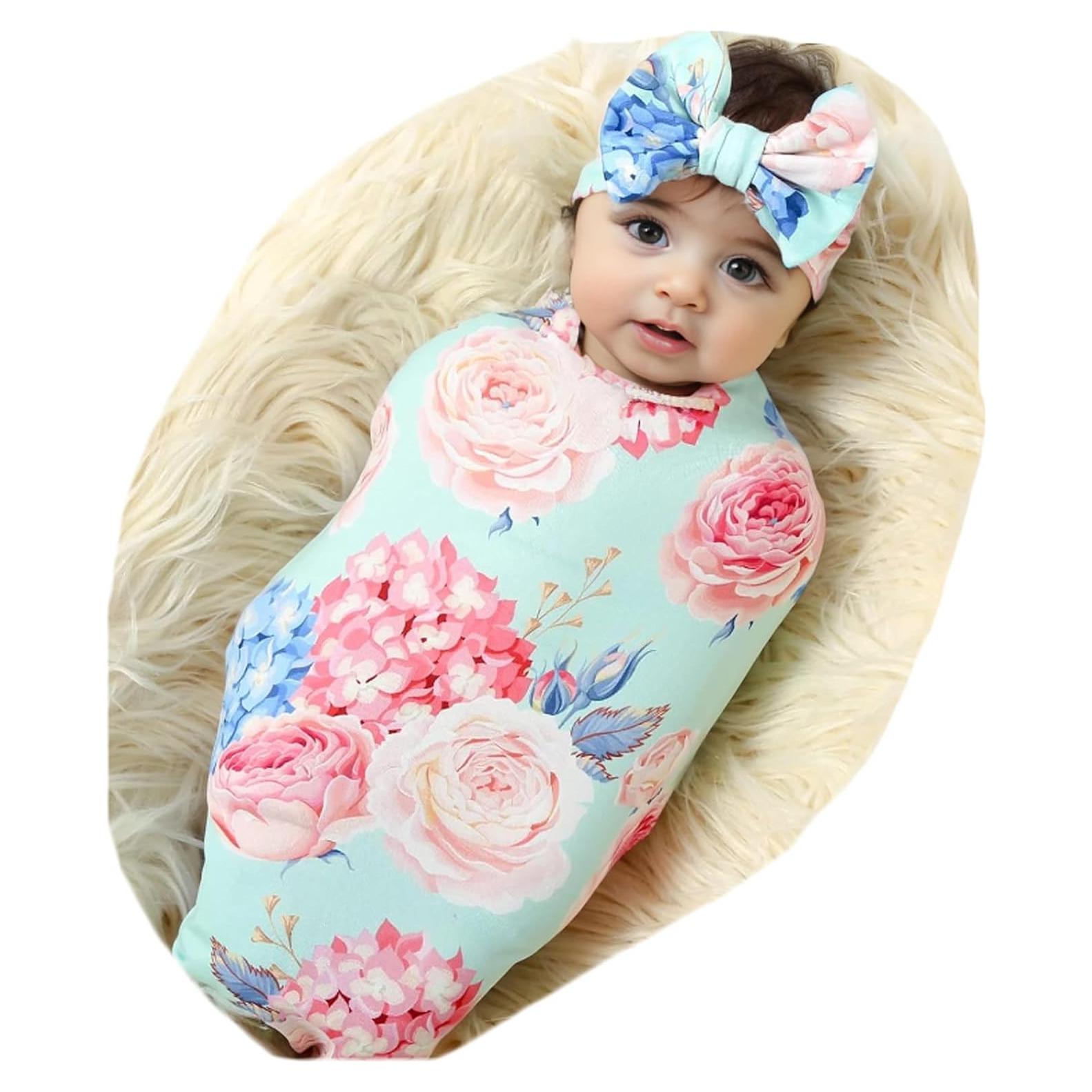 Conjunto Manta de Recepción y Diadema Galabloomer Floral Aqua