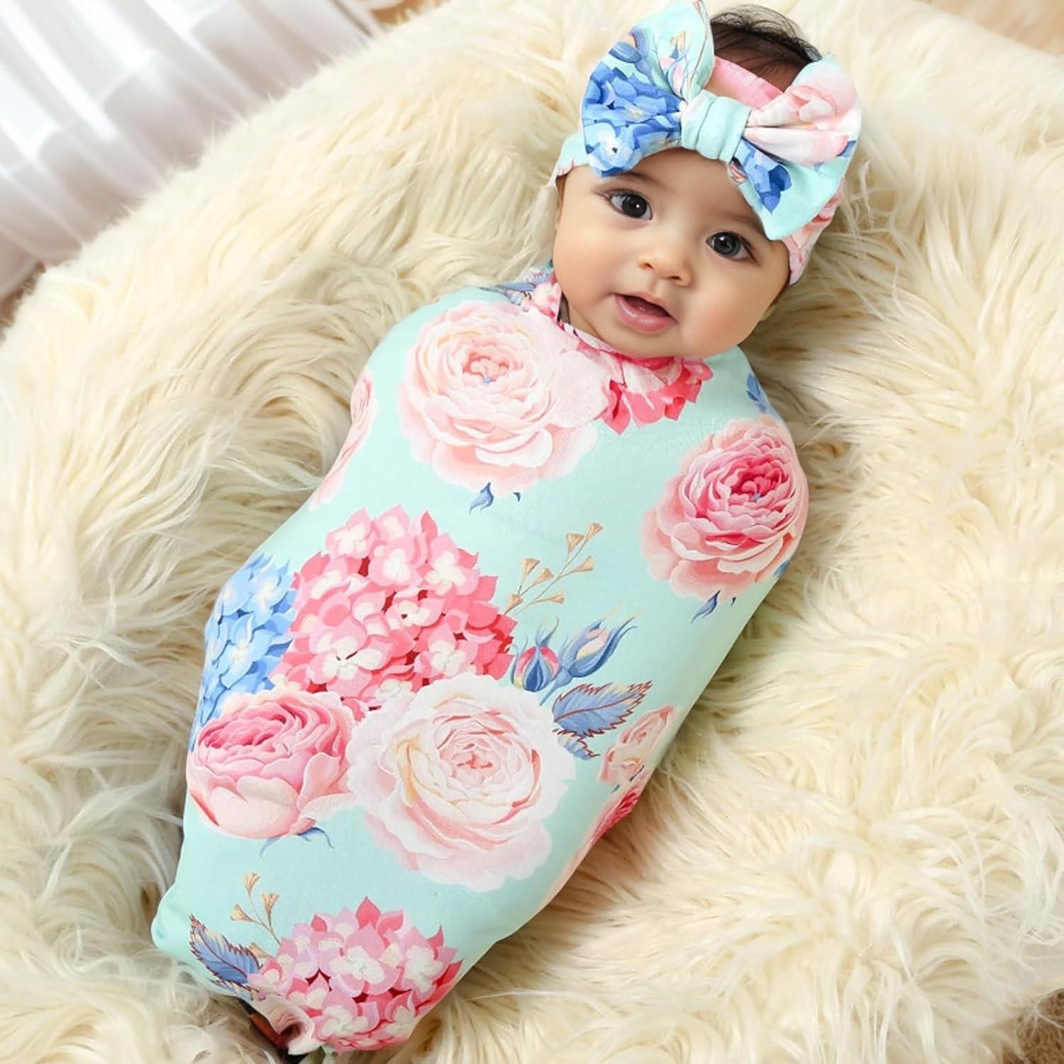 Conjunto Manta de Recepción y Diadema Galabloomer Floral Aqua