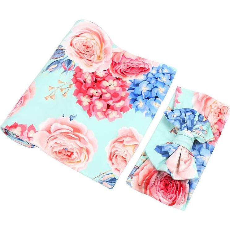 Conjunto Manta de Recepción y Diadema Galabloomer Floral Aqua