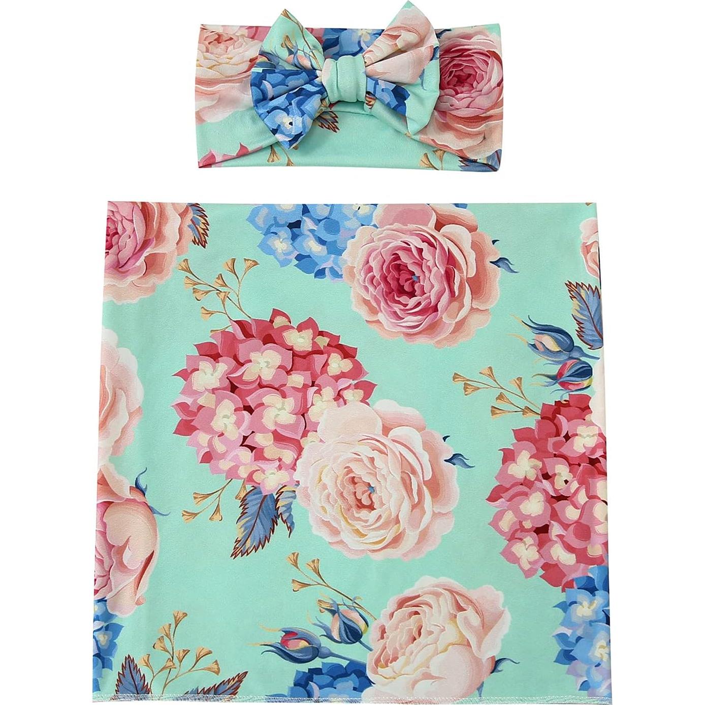 Conjunto Manta de Recepción y Diadema Galabloomer Floral Aqua