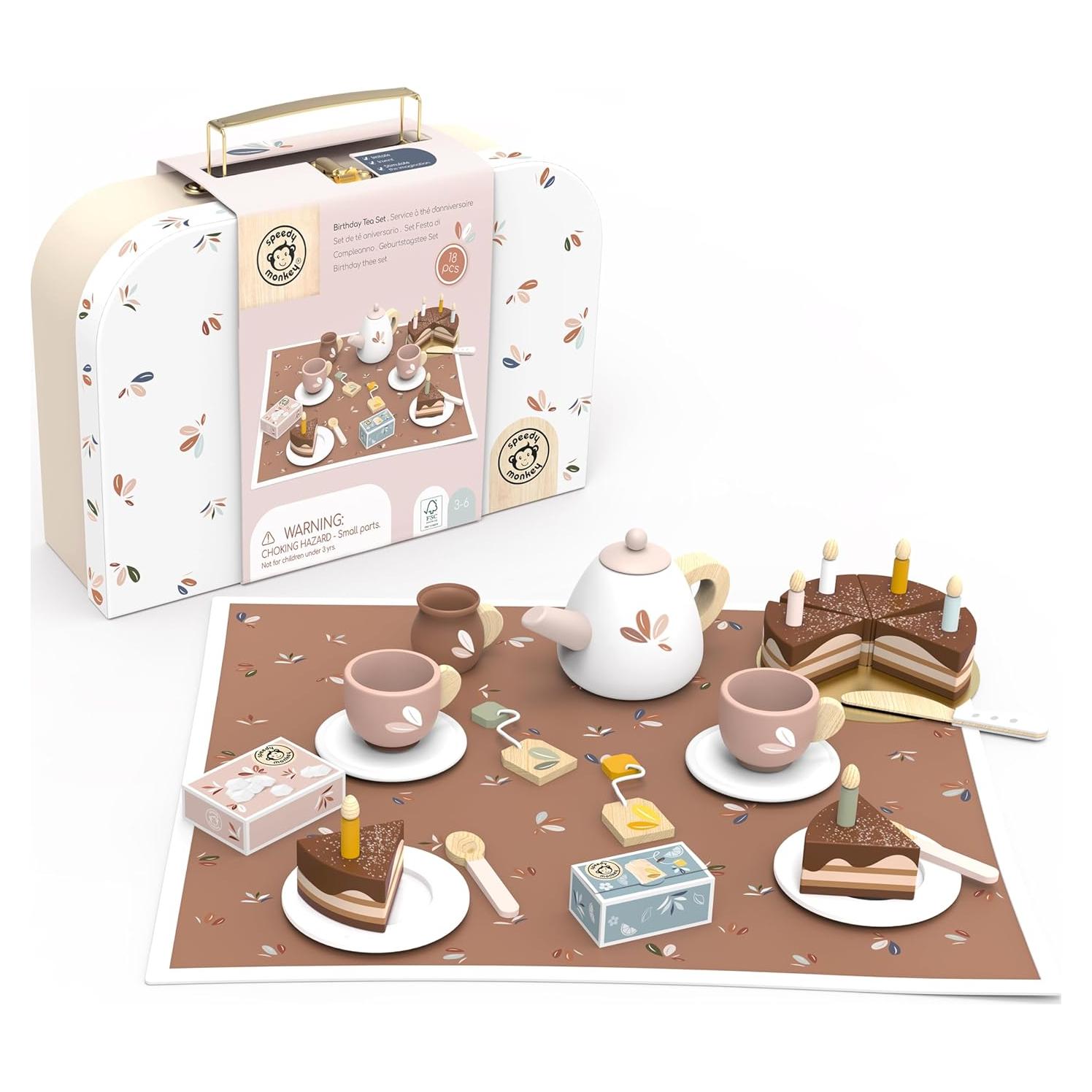 Juego de Té de Cumpleaños Speedy Monkey - Juguete de Madera para Niños