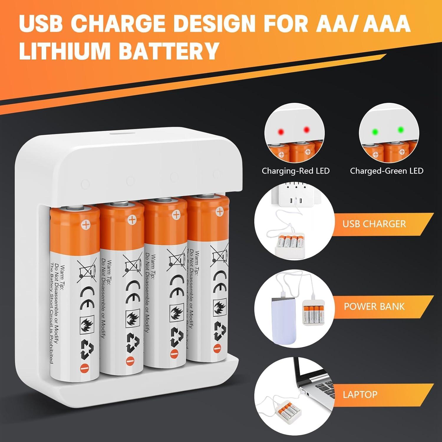 Paquete de 4 Baterías Recargables AA Litio 2600mWh con Cargador