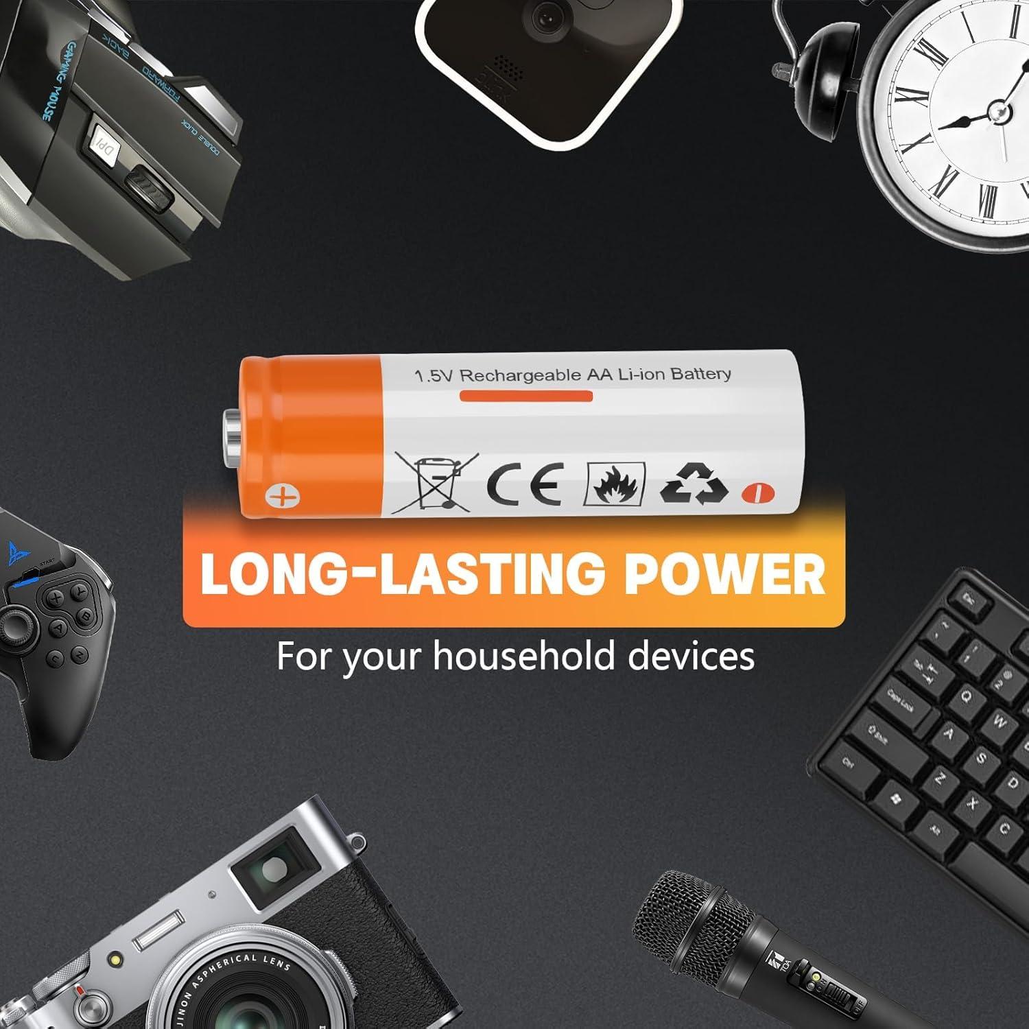 Paquete de 4 Baterías Recargables AA Litio 2600mWh con Cargador