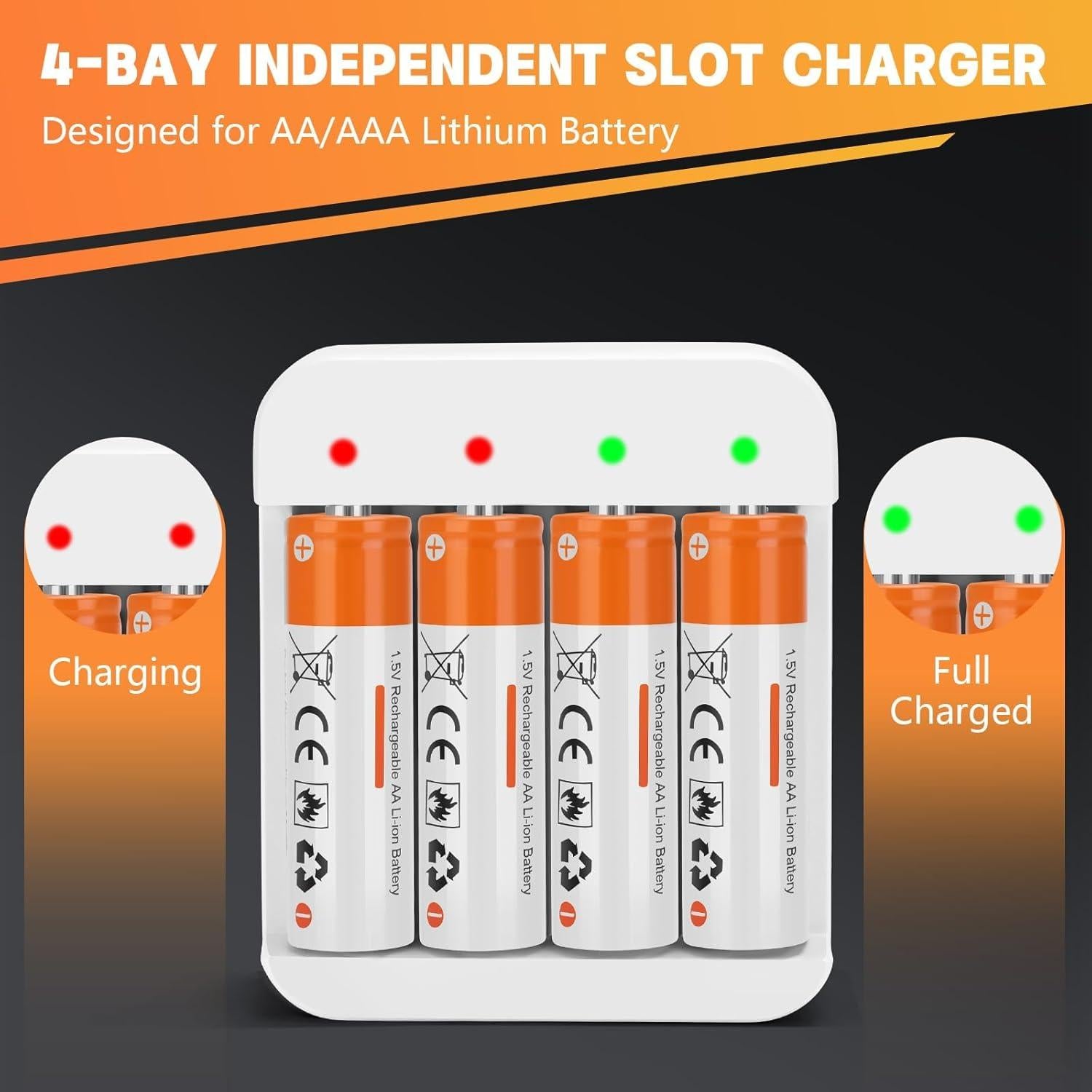 Paquete de 4 Baterías Recargables AA Litio 2600mWh con Cargador