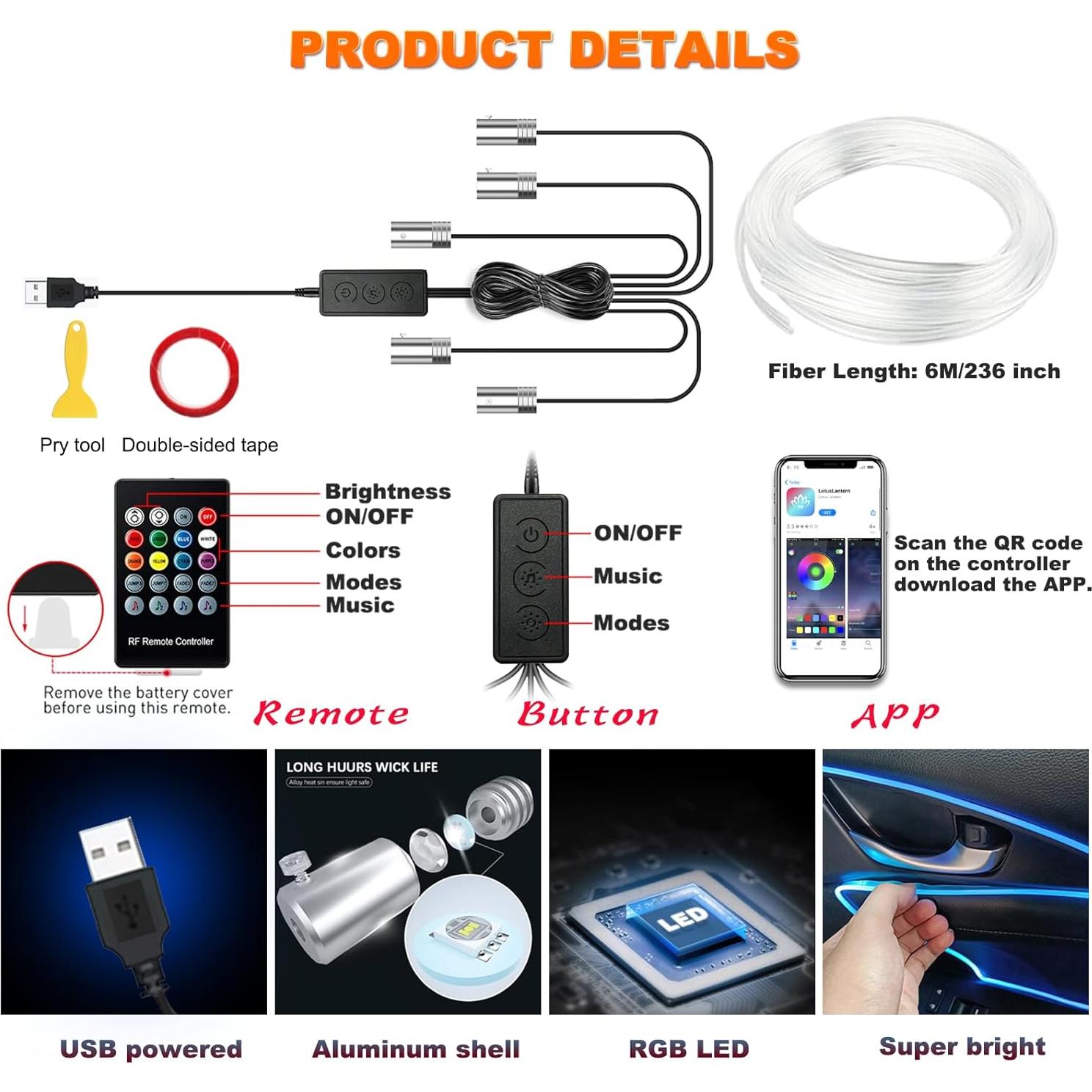 Luces LED Jushope para coche 5 en 1 RGB 600 cm control remoto